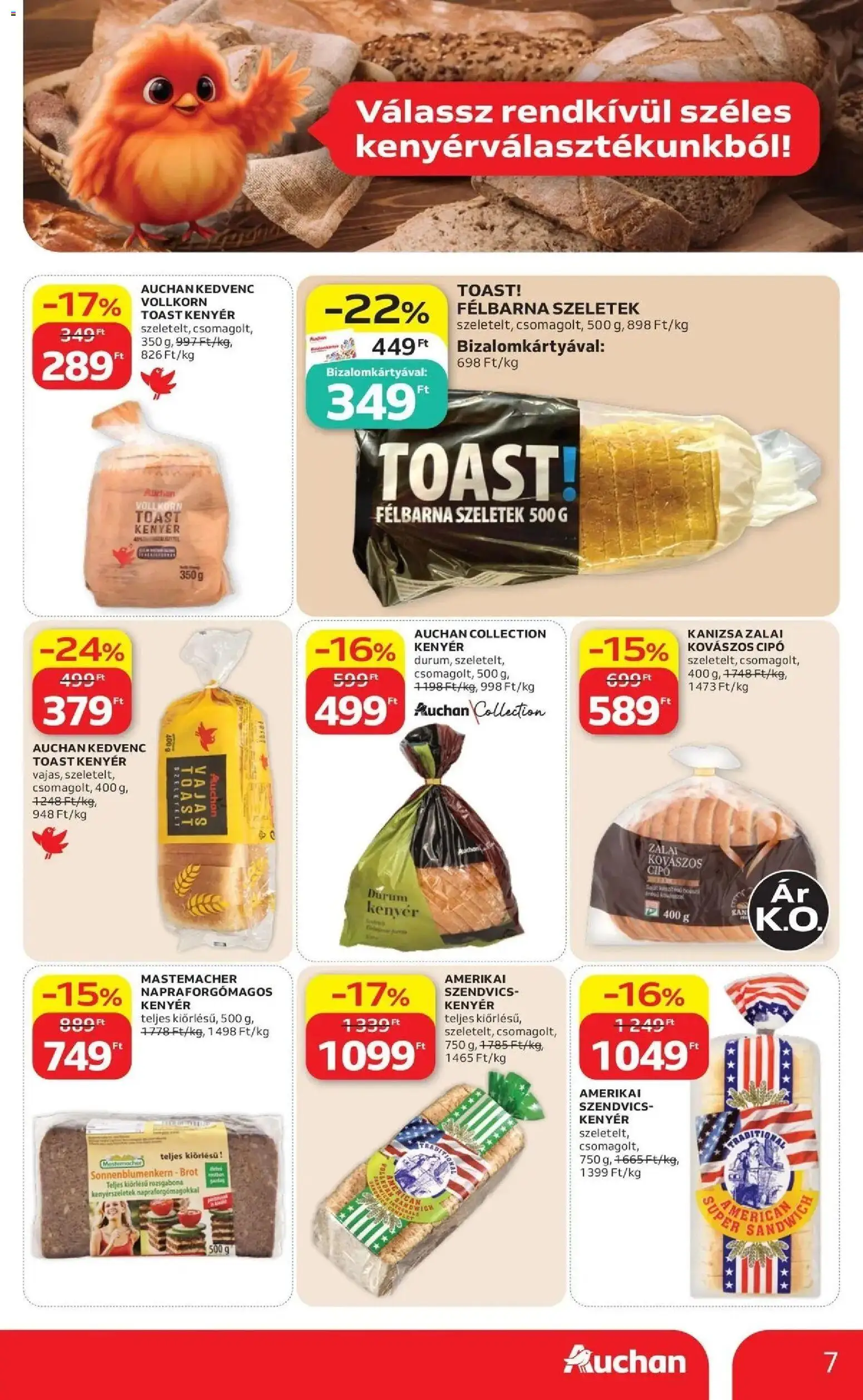 Auchan akciós újság Szolnok - 2026.08.13. -tól/töl > akció, lapozható szórólap 🛍️ | Oldal: 7 | Termékek: Kovászos cipó, Szendvics, Kenyér, Toast kenyér