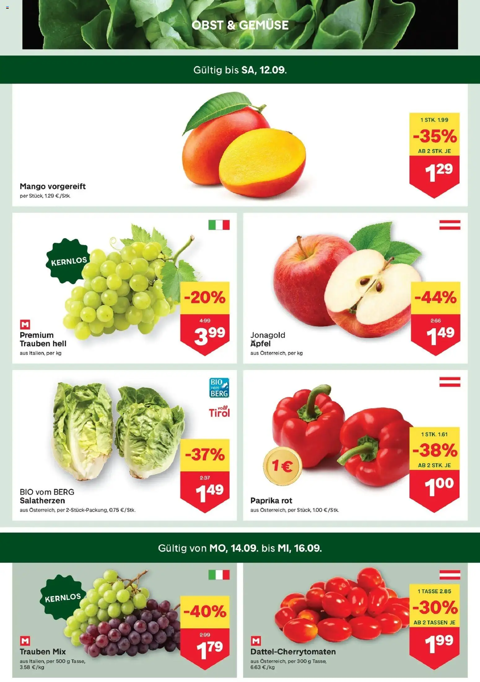 MPREIS Saalbach gültig ab 10.09.2026 | Seite: 2 | Produkte: Gemüse, Obst, Mango, Äpfel