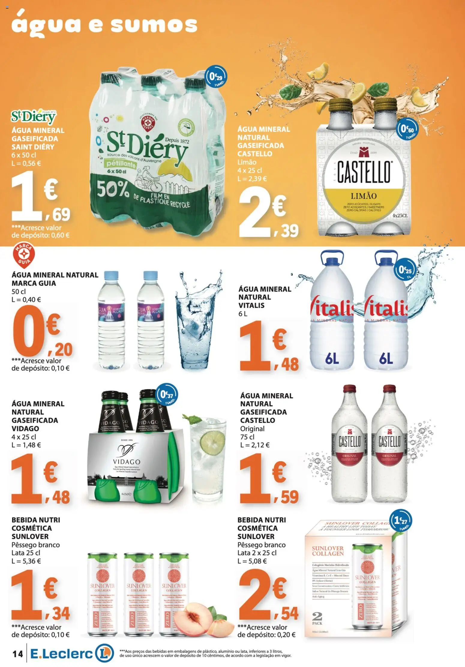 E.Leclerc folheto Bebidas, Gelados e Iogurtes │ válido de 16.06.2026 | Página: 14 | Produtos: Agua, Açúcar, Água mineral, Bebida