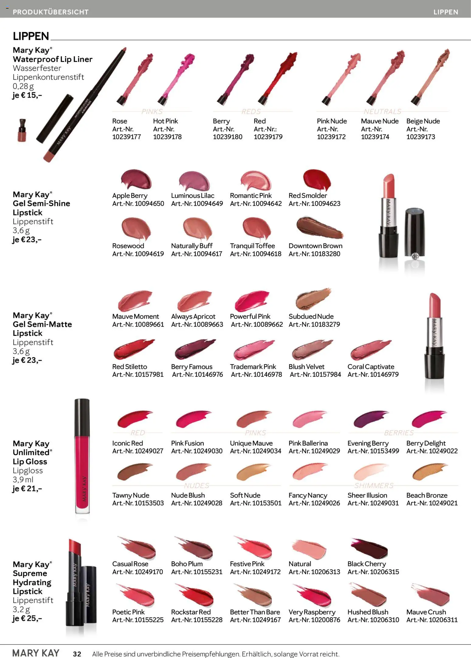 Mary Kay Katalog – gültig ab 15.04.2026 | Seite: 32 | Produkte: Lippenstift, Lipgloss, Apple, Blush