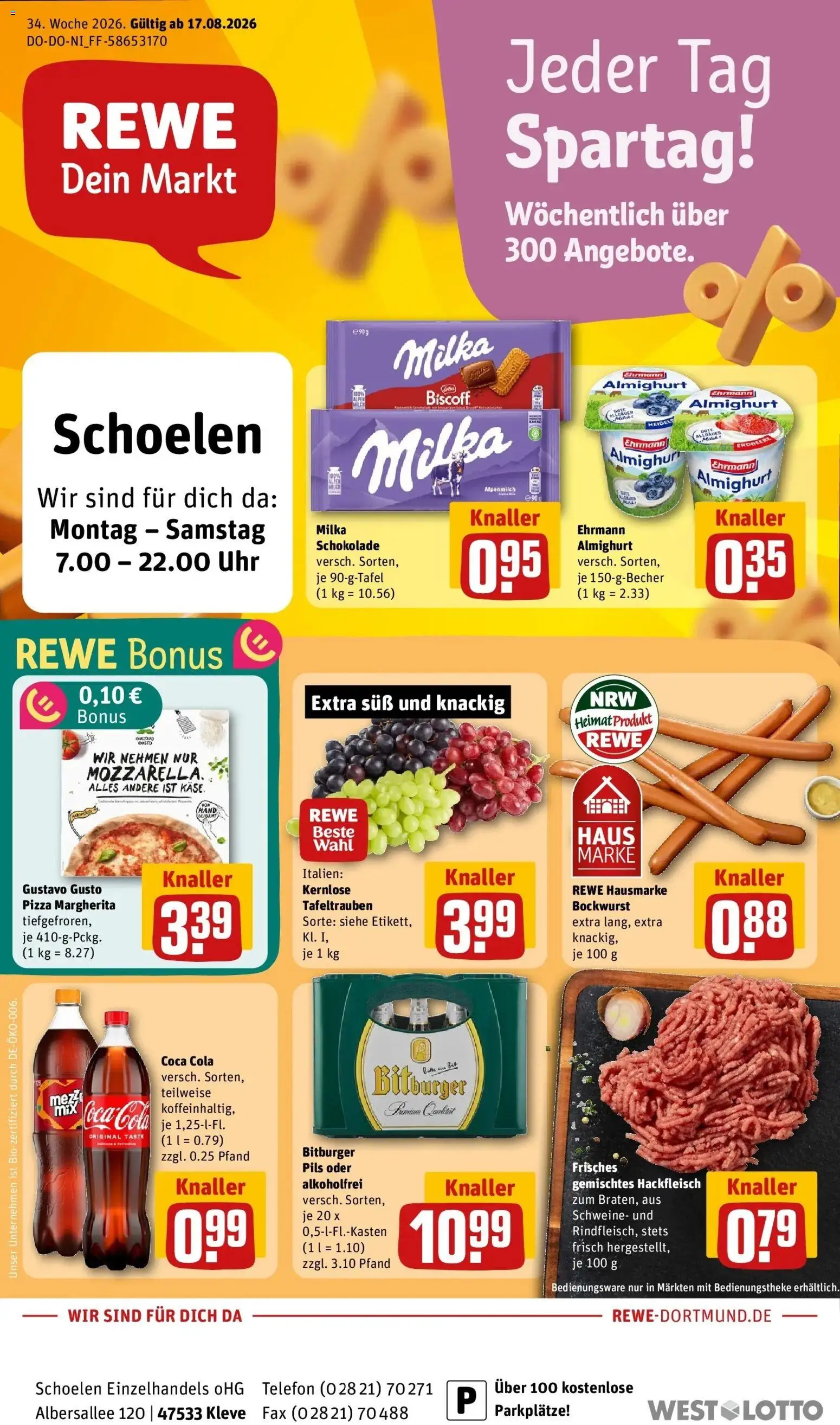 REWE Prospekt ab 17.08.2026 zum Blättern » Angebote | Seite: 1 | Produkte: Gustavo gusto, Bockwurst, Ehrmann almighurt, Milka