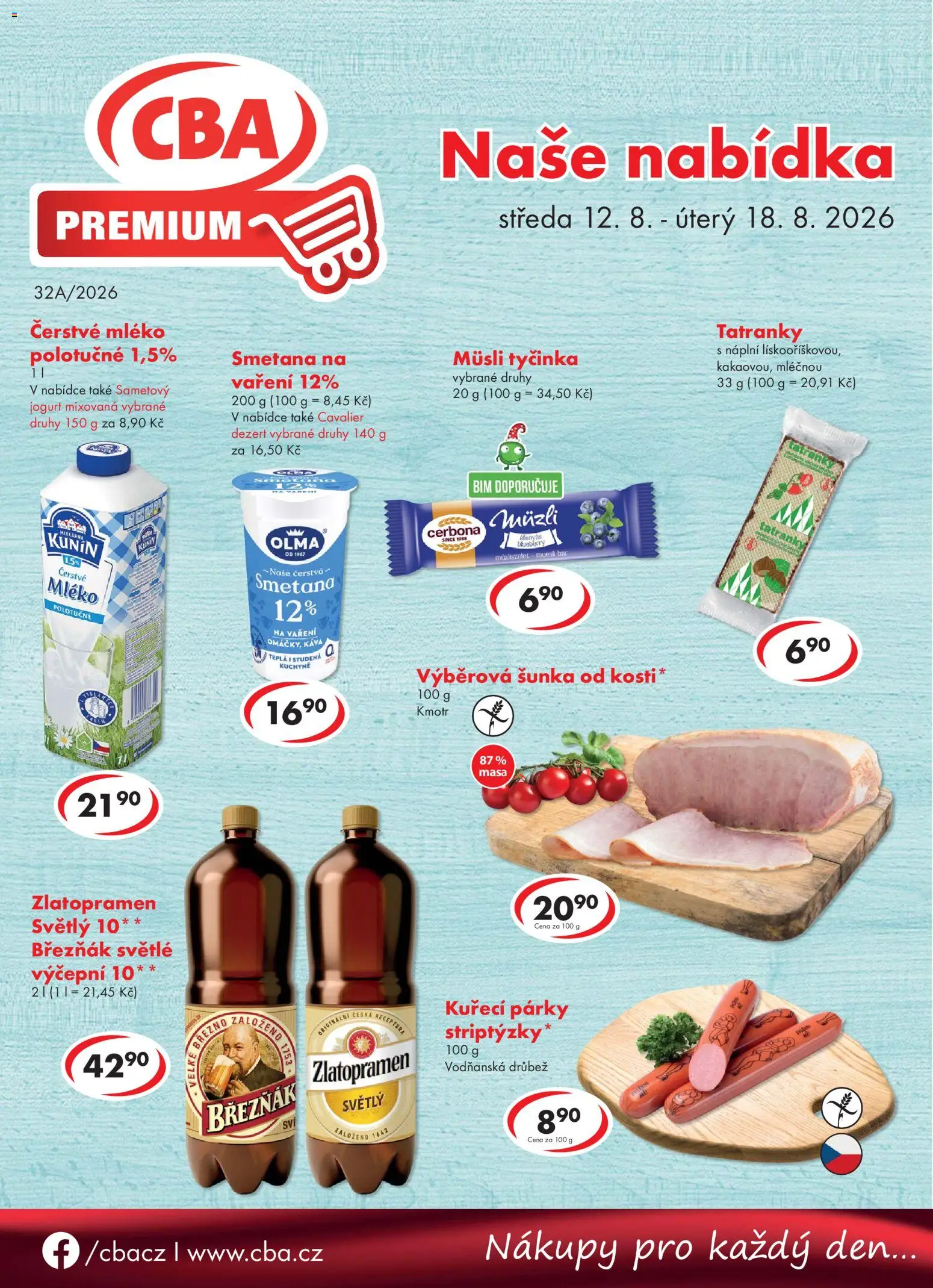 CBA leták - Premium od 12.08.2026 | Strana: 1 | Produkty: Mléko, Šunka, Březňák, Dezert