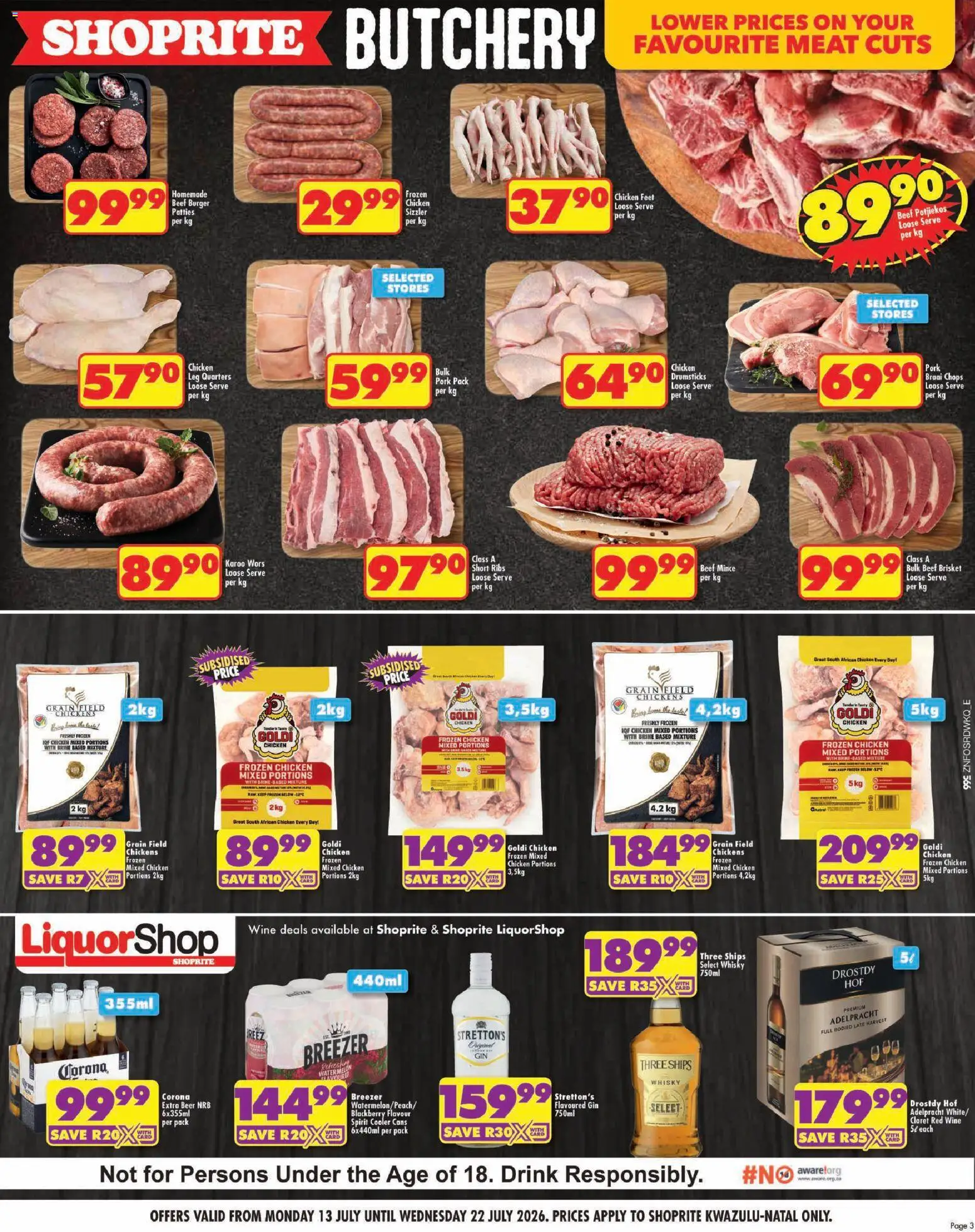New Shoprite catalogue – valid from 13/07/2026 | Page: 3 | Products: Beer, Chicken, Beef, Gin