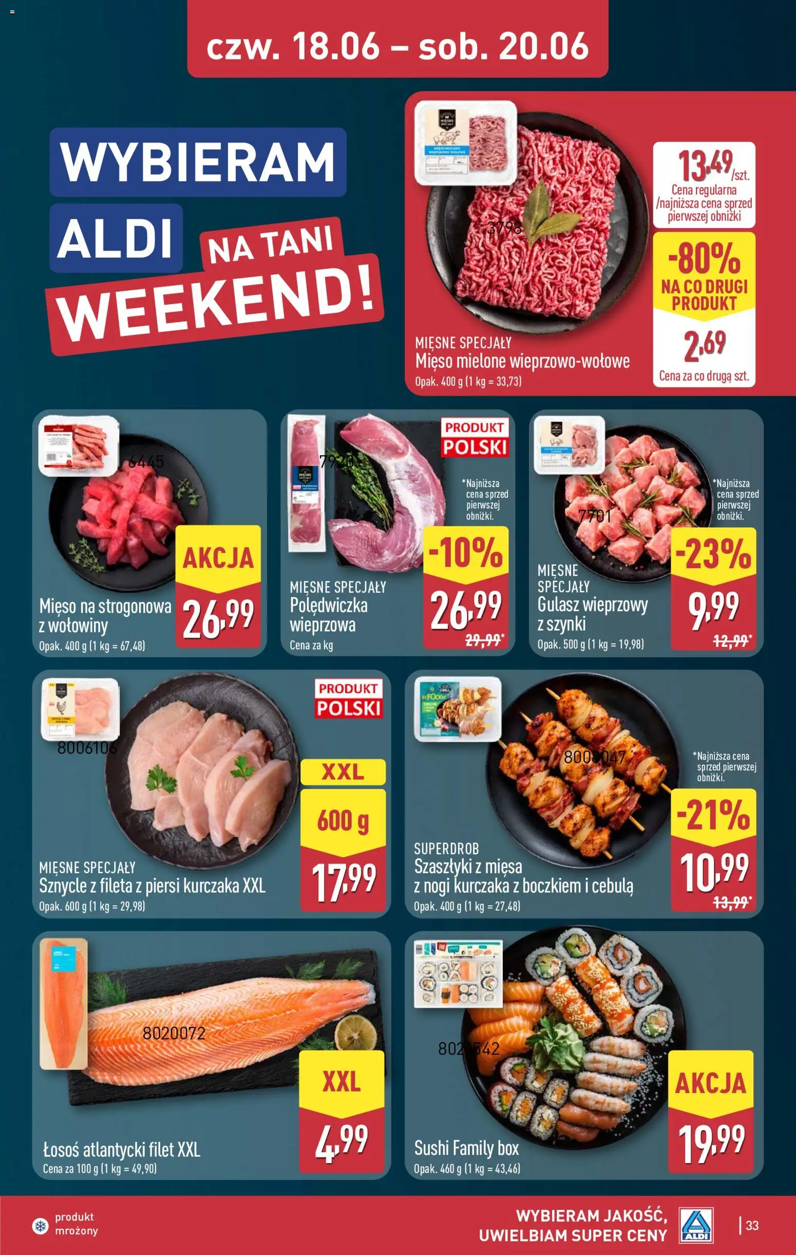 Aldi gazetka od 15.06.2026 | Strona: 33 | Produkty: Piersi, Mięso, Łosoś, Gulasz