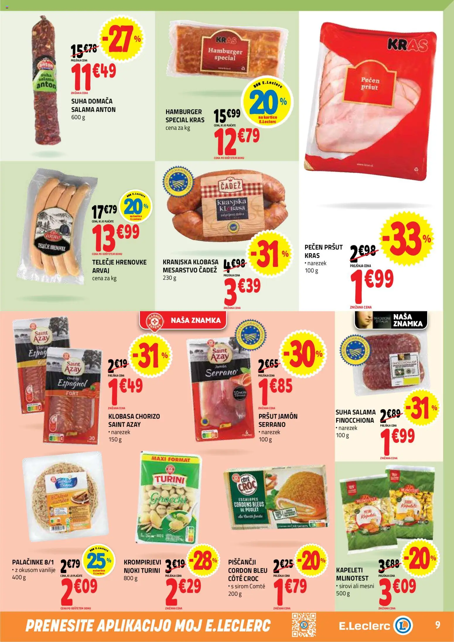 Novi E.leclerc katalog ponudbe – veljaven od 22.07.2026 | Stran: 9 | Izdelki: Hrenovke, Narezek, Palačinke, Salama