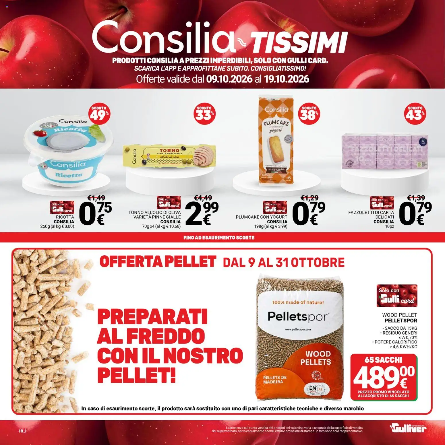 Volantino Gulliver del 09/10/2026 | Pagina: 18 | Prodotti: Pellet, Fazzoletti, Tonno, Ricotta