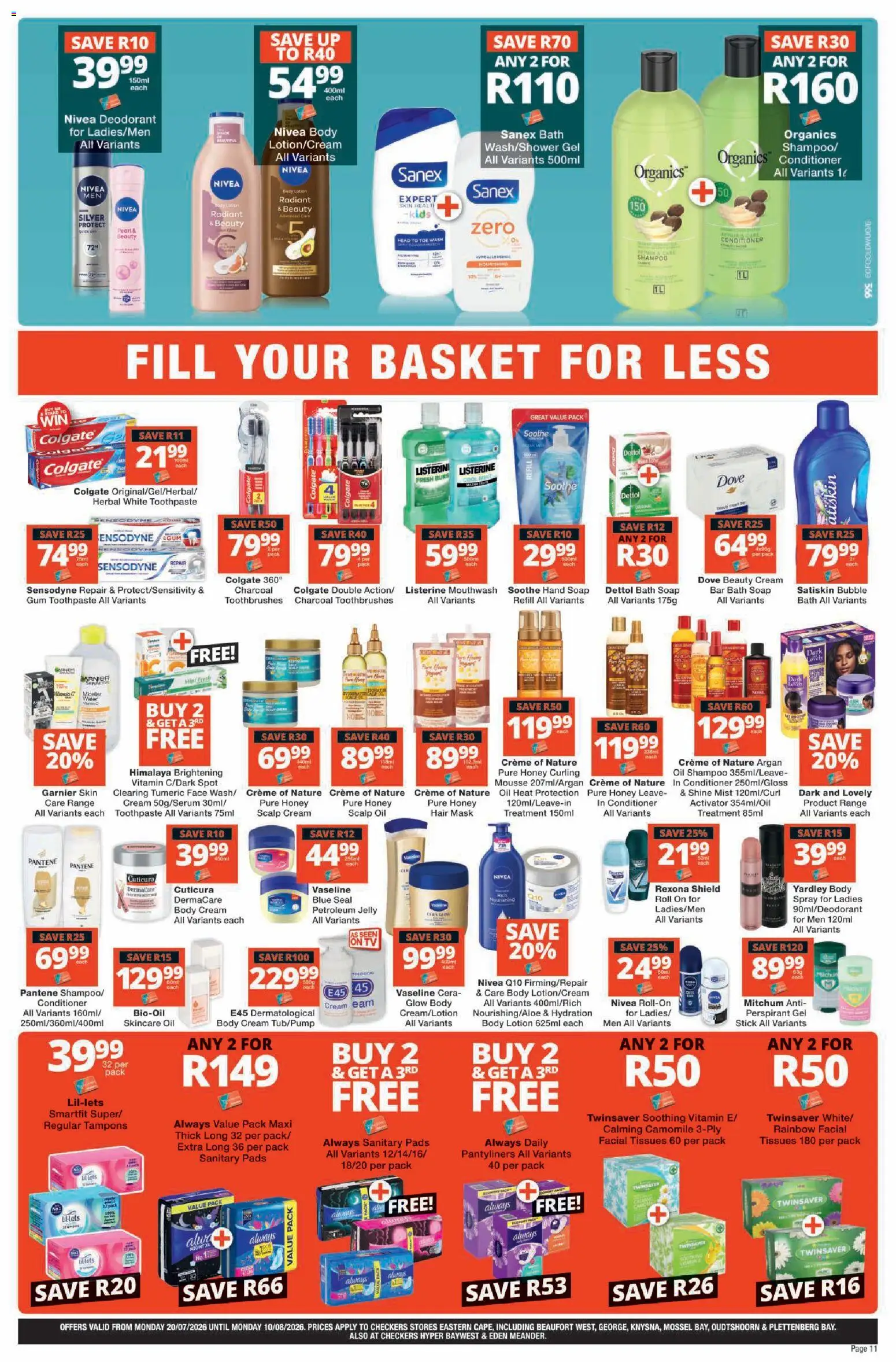 New Checkers catalogue – valid from 20/07/2026 | Page: 11 | Products: Cream, Water, Mouthwash, Lotion