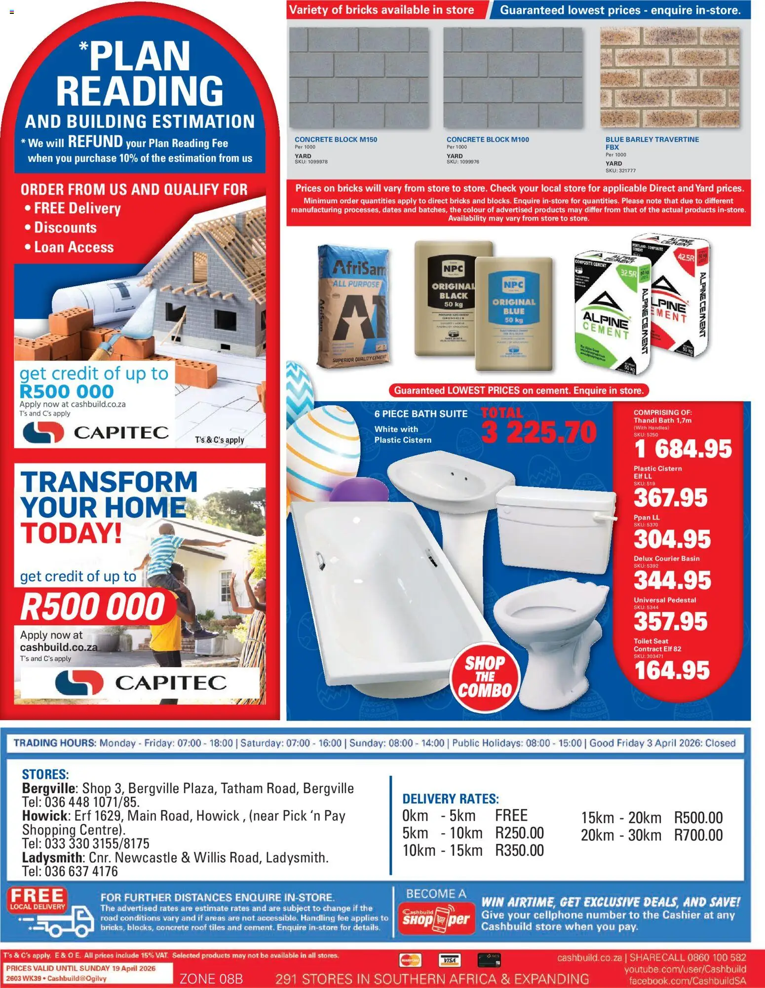 New Cashbuild catalogue – valid from 23.03.2026 | Page: 4 | Products: Toilet, Bath, Basin, Cement