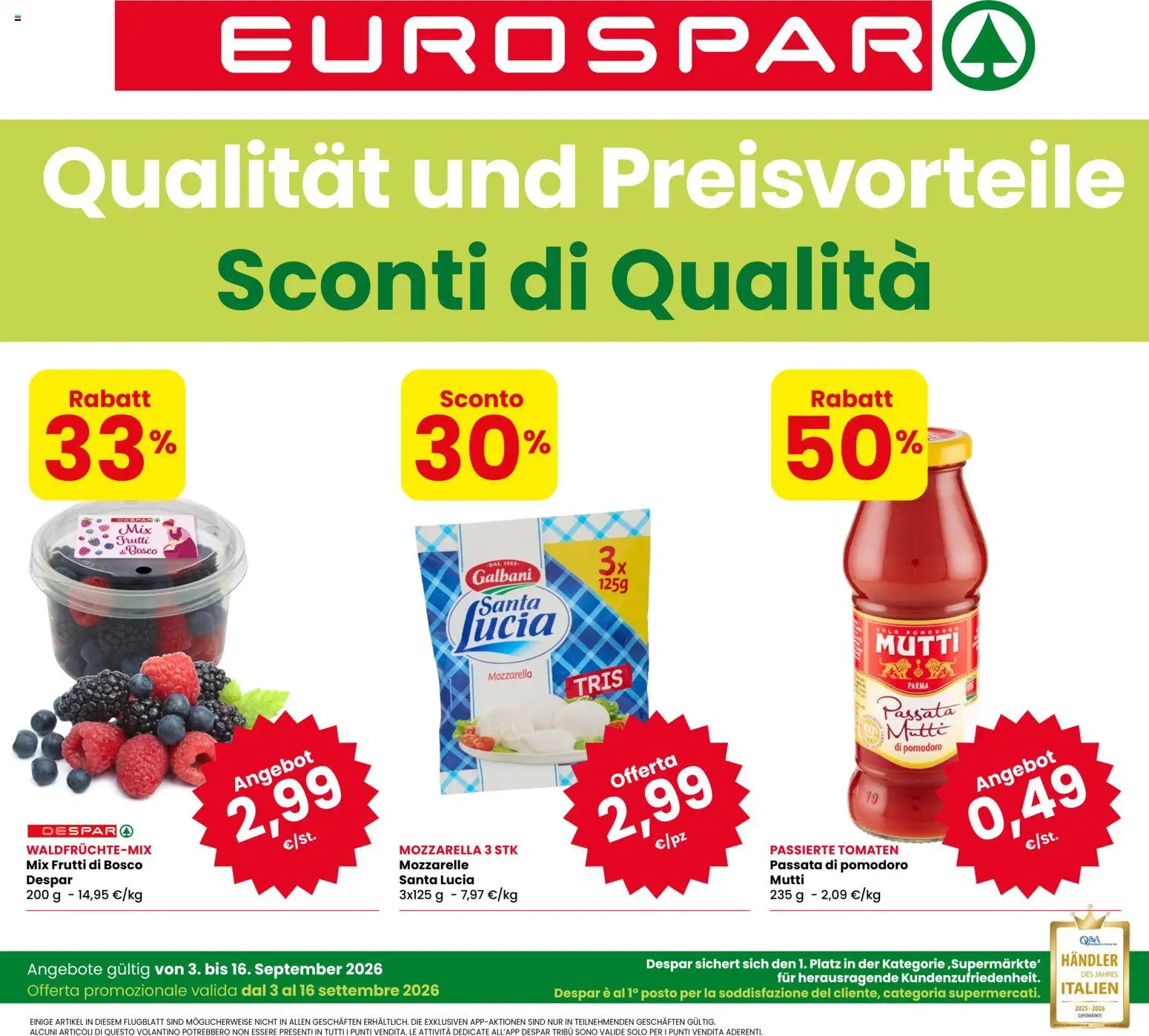 Volantino Eurospar del 03/09/2026 | Pagina: 1 | Prodotti: Frutti di bosco, Pomodoro, Passata di pomodoro, Mutti