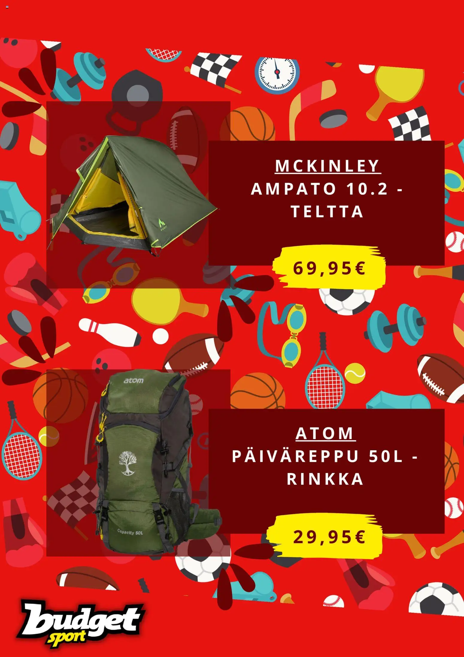 Budget Sport tarjoukset – voimassa 21/07/2026 alkaen | Sivu: 2 | Tuotteet: Rinkka, Teltta