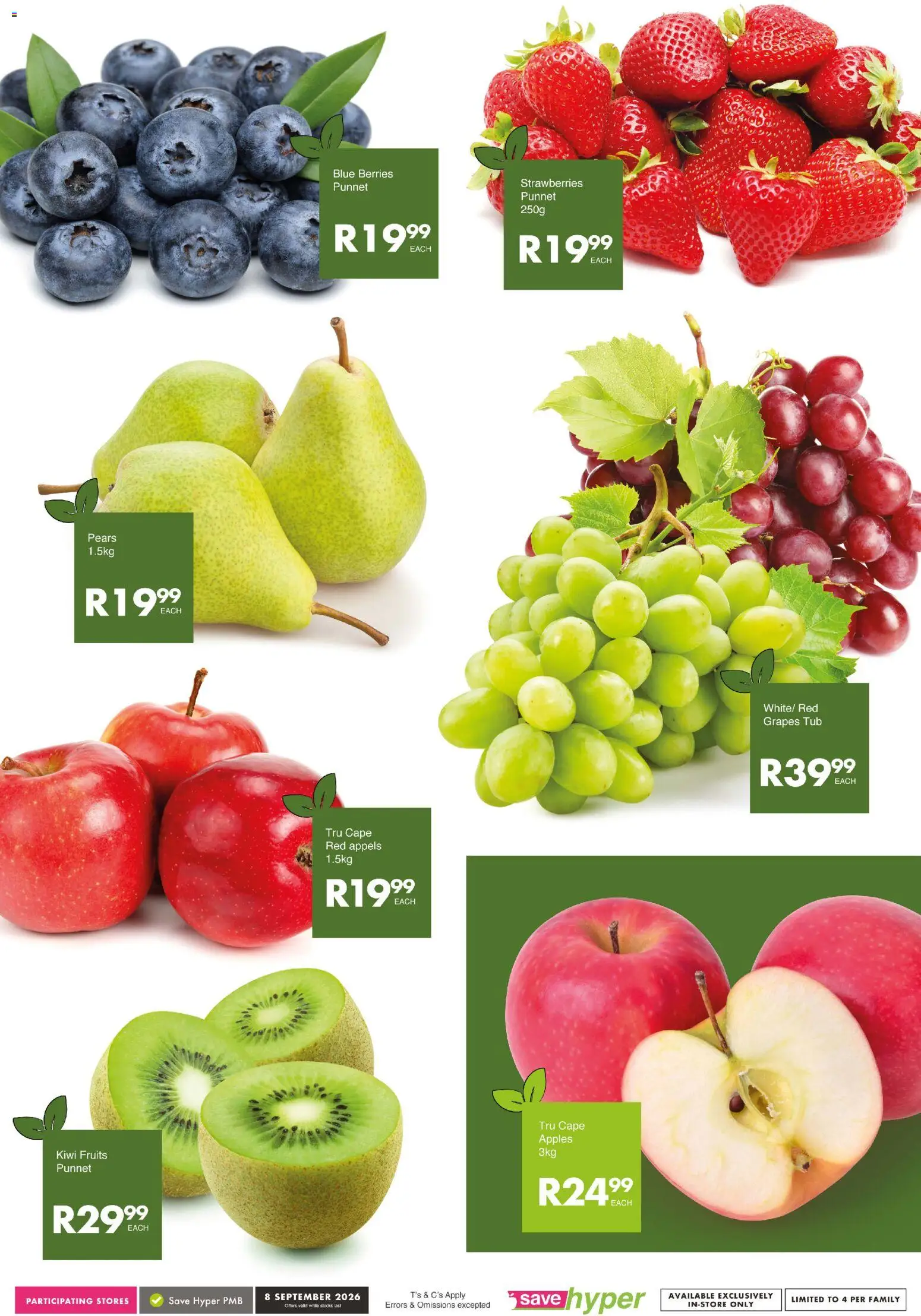 New Save catalogue – valid from 08/09/2026 | Page: 6 | Products: Pears, Strawberries, Kiwi, Grapes