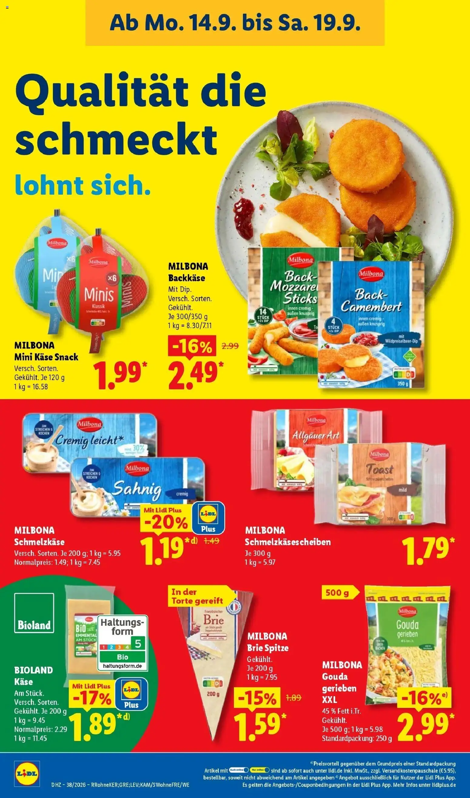 Lidl Prospekt Mühlacker (ab 14.09.2026) zum Blättern » Angebote | Seite: 20 | Produkte: Käse, Toast, Mozzarella, Gouda