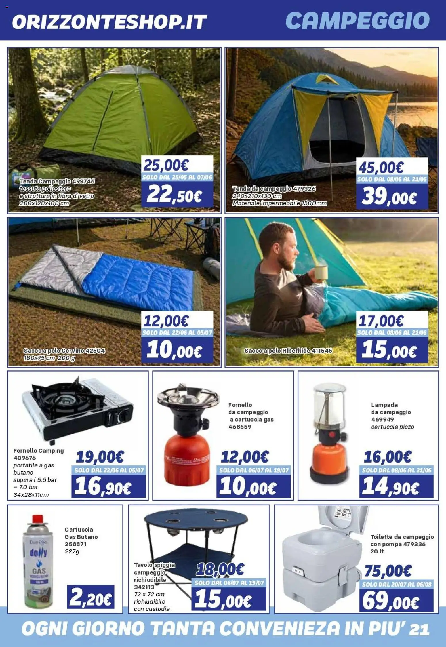 Volantino Orizzonte del 08/05/2026 | Pagina: 21 | Prodotti: Tenda, Sacco a pelo, Tavolo, Lampada