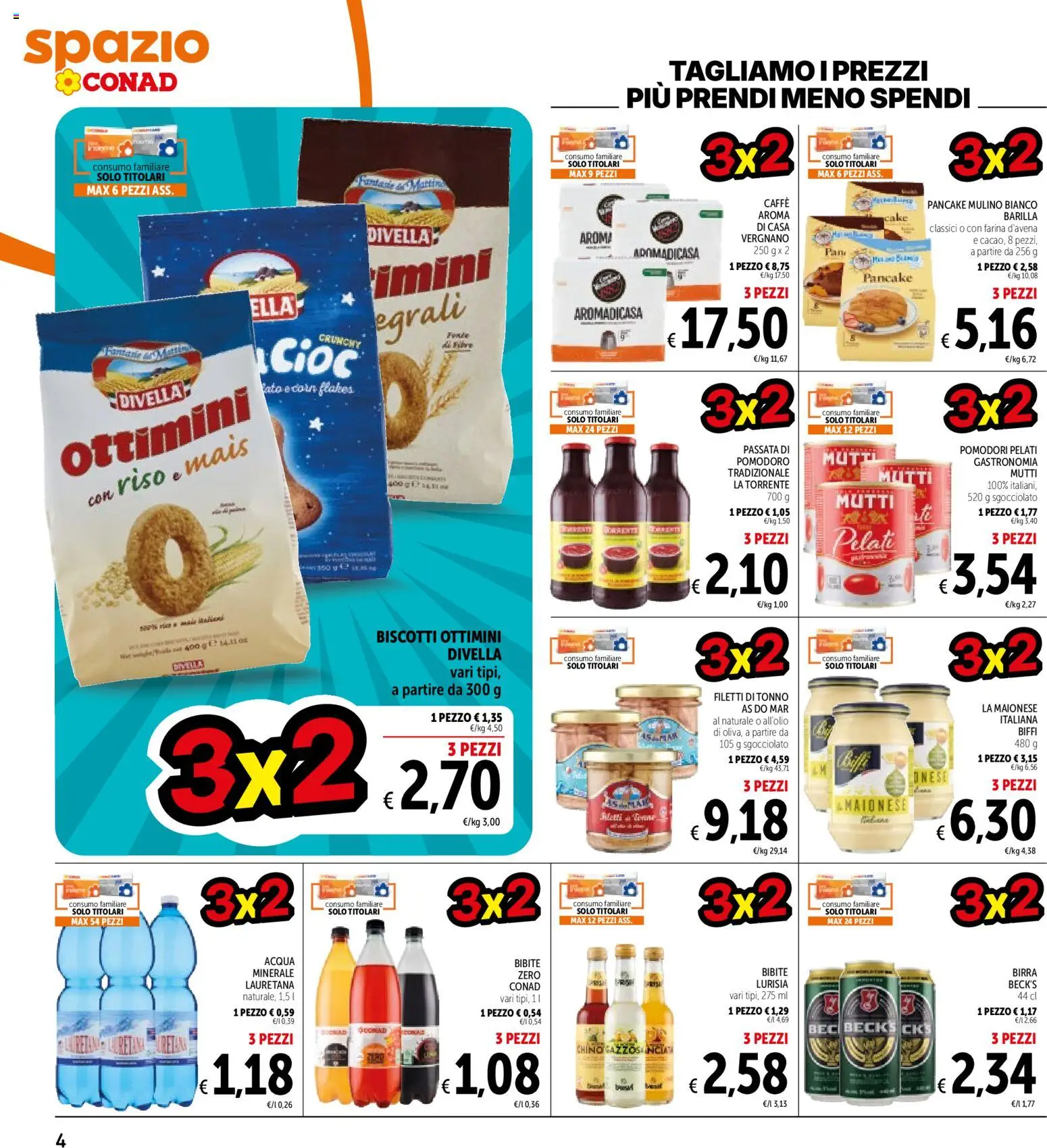 Volantino Spazio Conad del 09.06.2026 | Pagina: 4 | Prodotti: Birra, Acqua, Pomodoro, Farina