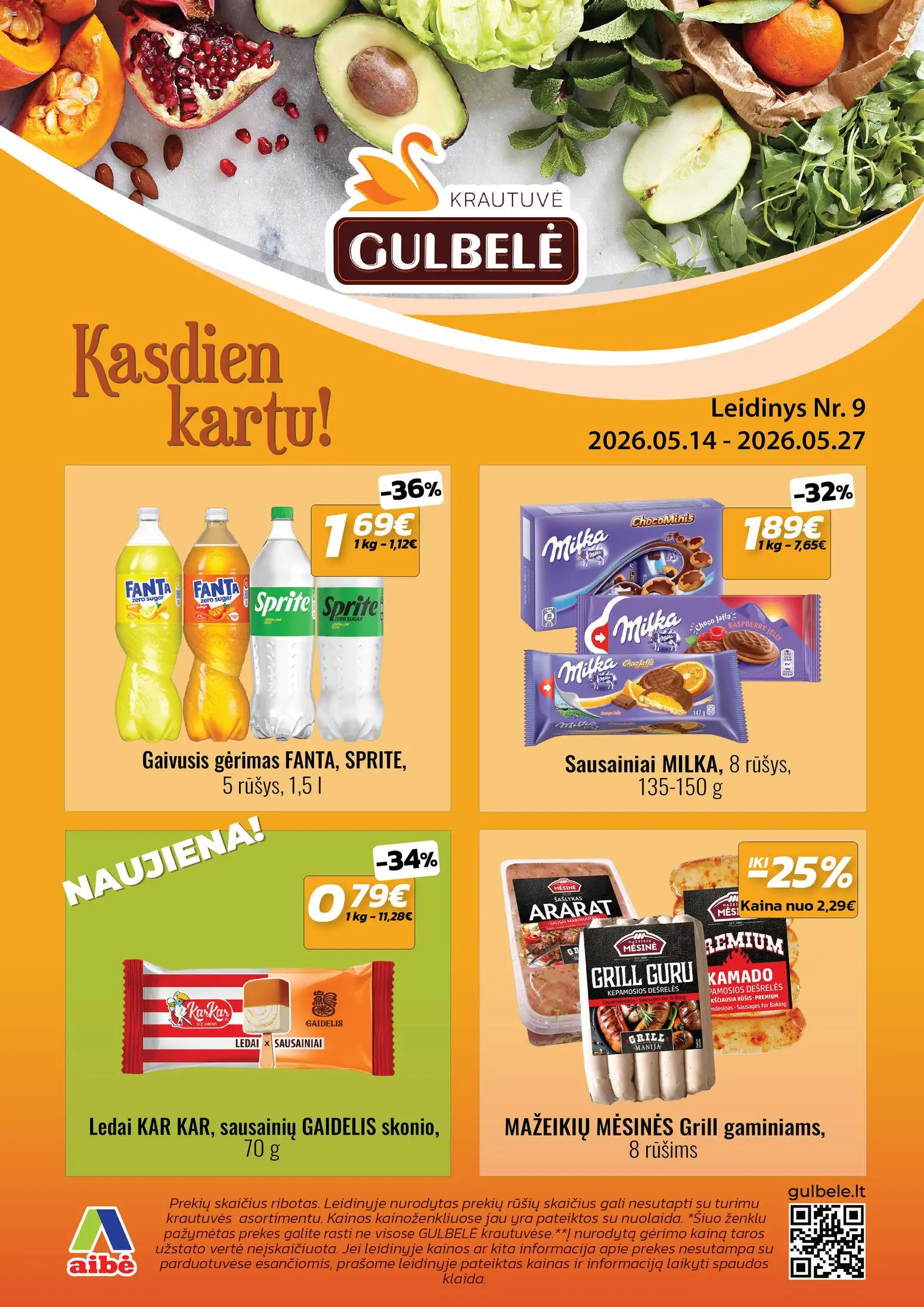 Gulbele akcijos nuo 14.05.2026 | Puslapis: 1 | Prekių: Sausainiai, Gaivusis gėrimas, Ledai, Dešrelės