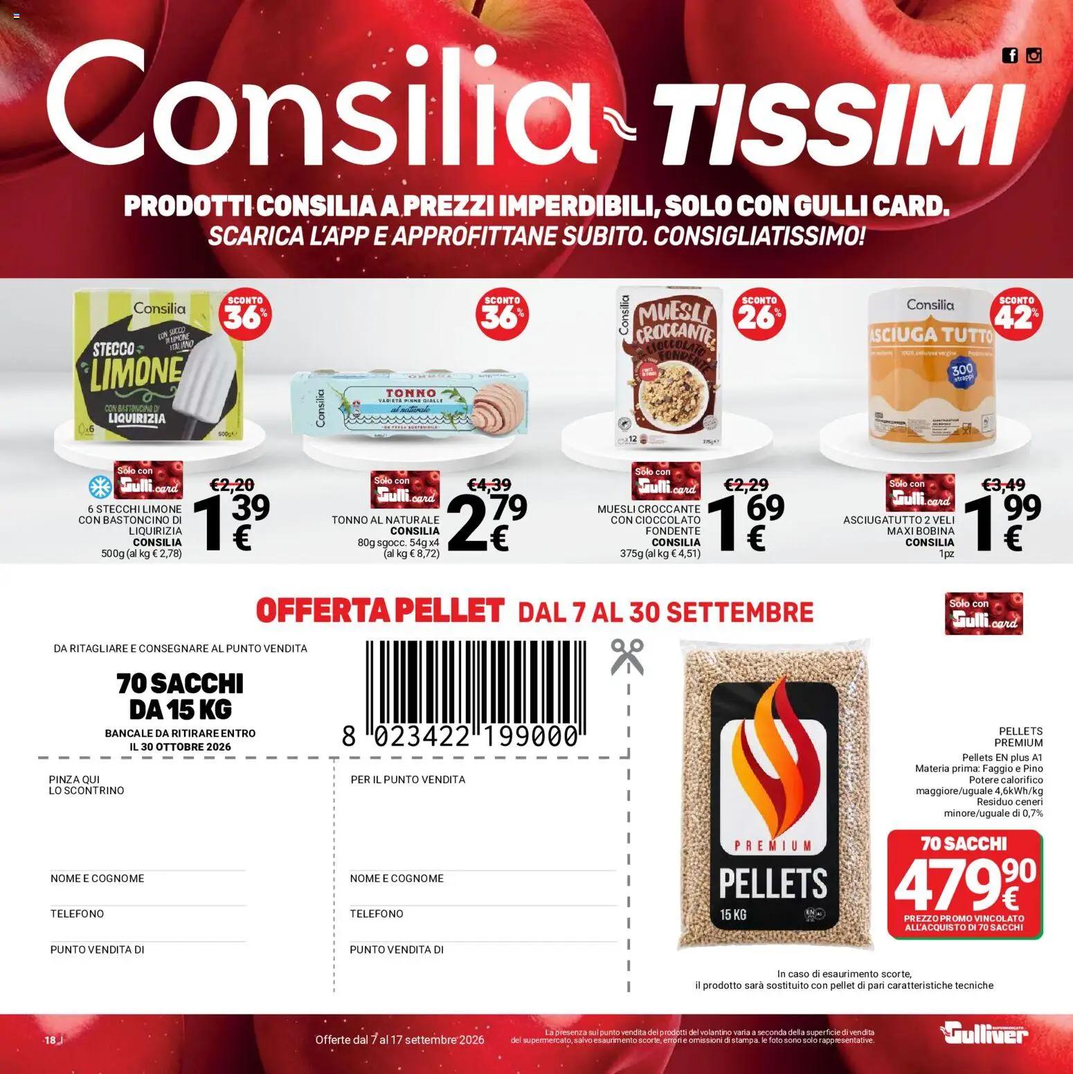 Volantino Gulliver del 07/09/2026 | Pagina: 18 | Prodotti: Pellet, Cioccolato, Limone, Asciugatutto