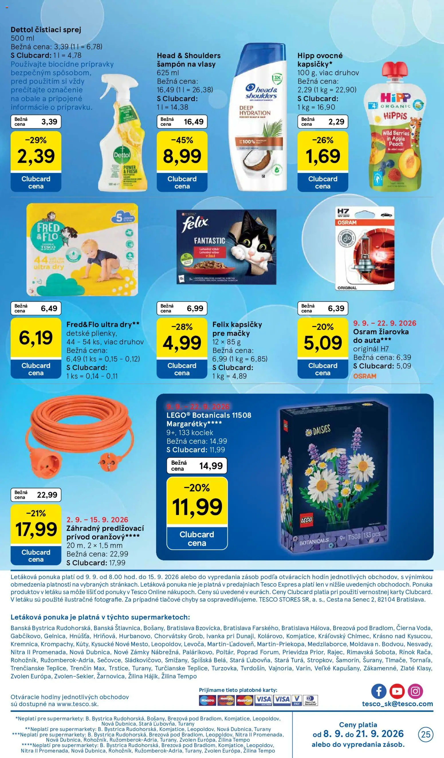 Nové Tesco akcie – leták je platný od 09.09.2026 | Strana: 25 | Produkty: Žiarovka, Hodiny, Šampón, Dettol