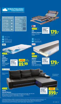 JUSKYS Sofa mit Ottomane, Modell „Davos“. Monolith-Bezug aus wasserabweisenden Samt-Stoff. Inkl. LED-Licht. Rahmen/Gestell aus massivem Kiefernholz. Ca. B 260 x H 72 x T 180 cm. Liegefläche (ausgezogen): ca. L 216 x B 135 cm. Je Stück ab 05.10.2026 gültig | Seite: 3 | Produkte: Gewicht, Matratze, Topper, Bad