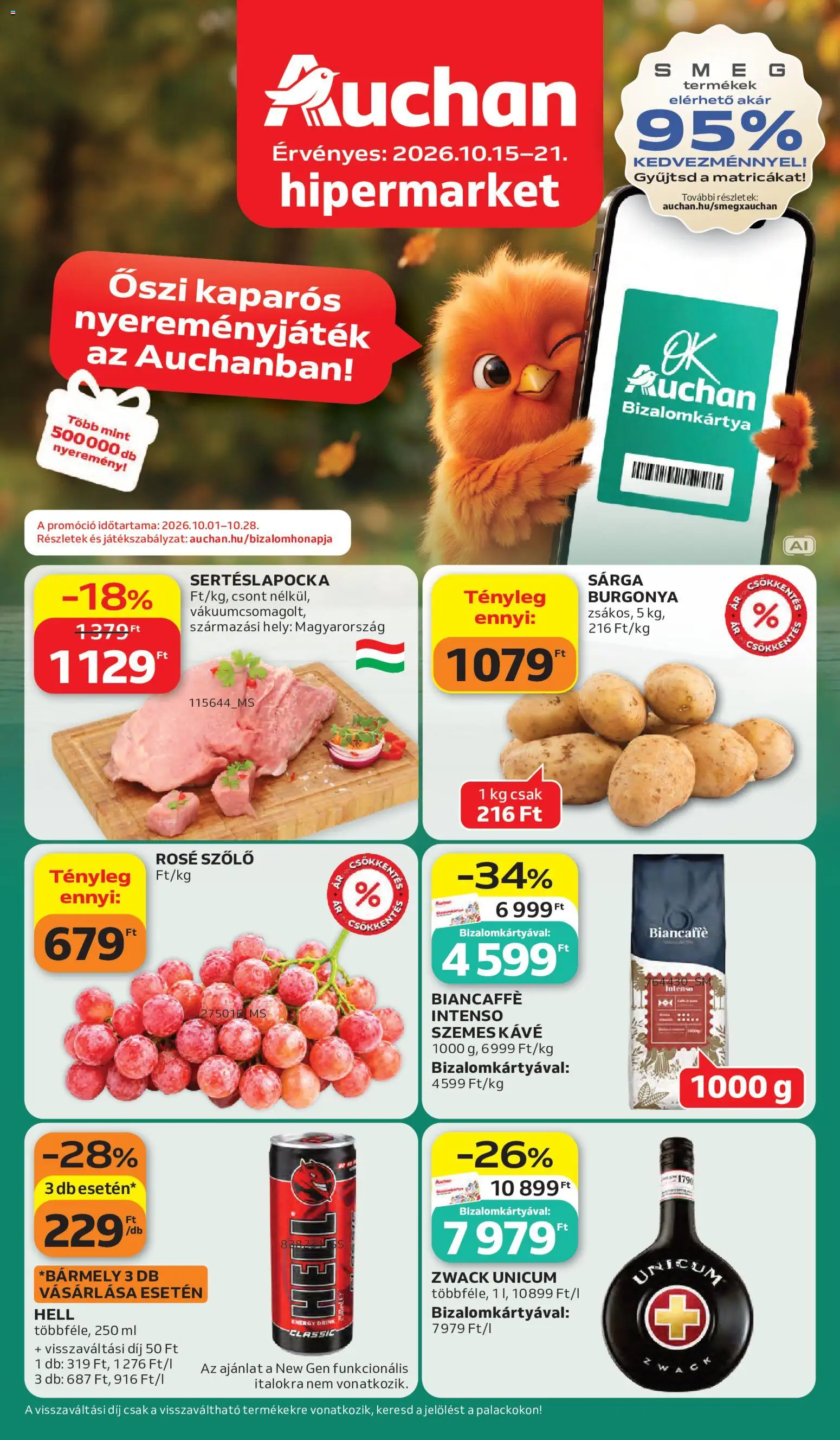 Auchan akciós ujság - amely érvényes a következő dátumtól: 2026.10.15. | Oldal: 1 | Termékek: Unicum, Sertéslapocka, Energy drink, Kávé
