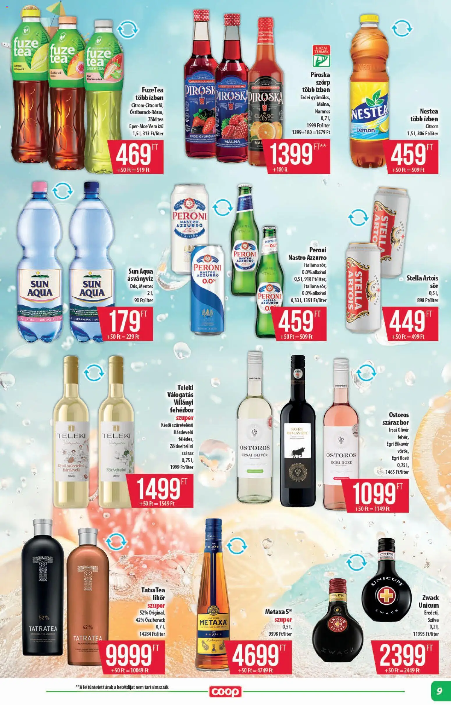 COOP akciós ujság - amely érvényes a következő dátumtól: 2026.10.15. | Oldal: 9 | Termékek: FuzeTea, Peroni, Stella artois, Metaxa 5*