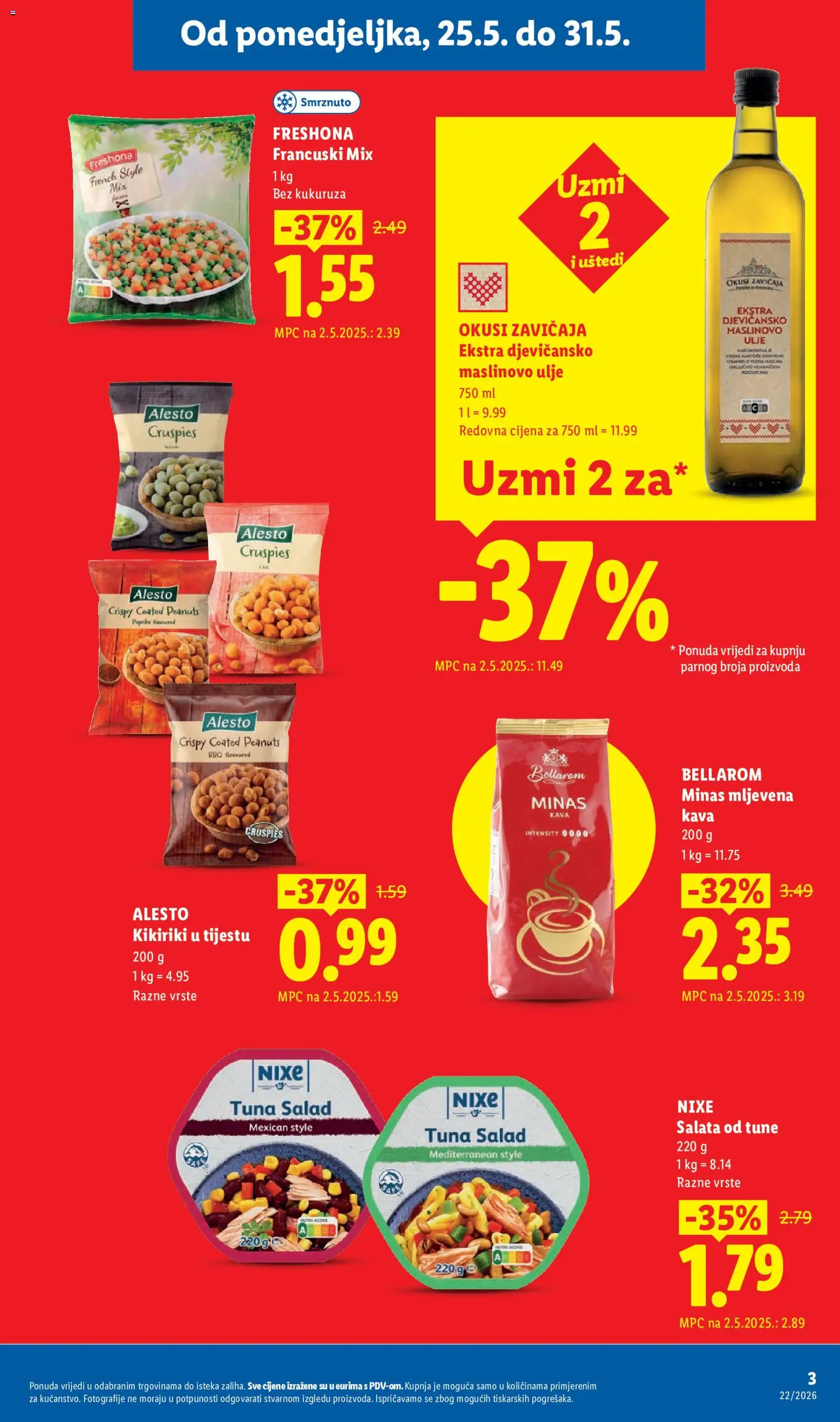 Lidl katalog | vrijedi od 25.05.2026 | Stranica: 3 | Proizvodi: Mljevena kava, Maslinovo ulje, Salata, Tuna