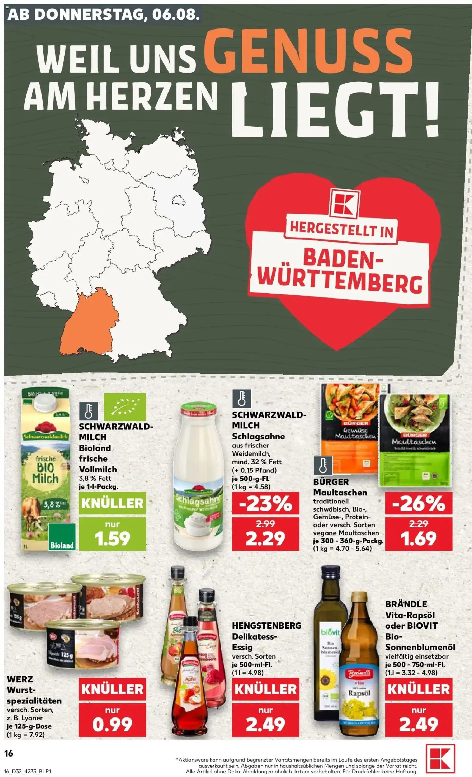 Prospekt Kaufland ab 06.08.2026 » Angebote Online zum Blättern | Seite: 16 | Produkte: Schlagsahne, Milch, Sonnenblumenol, Maultaschen