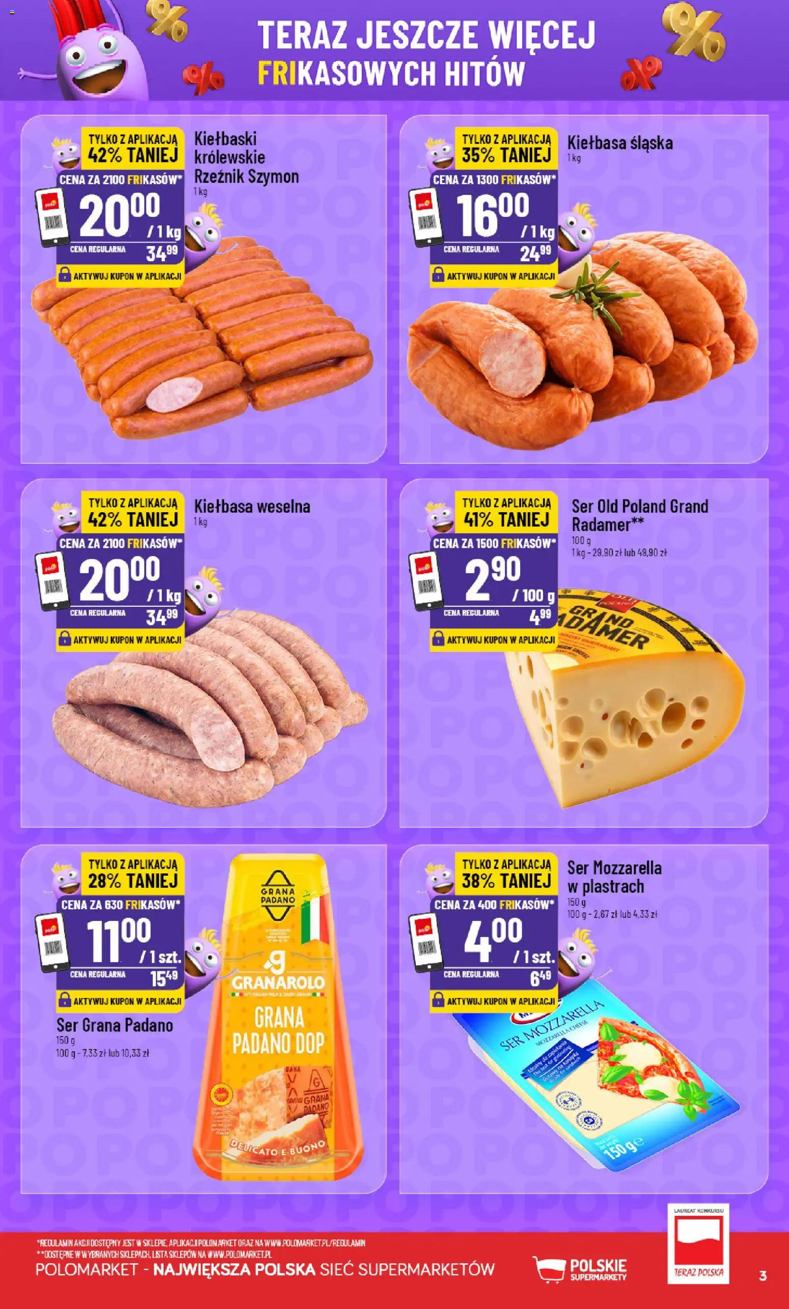 POLOmarket gazetka - Frikasowe Hity od 08.07.2026 | Strona: 3 | Produkty: Kiełbaski, Ser grana padano, Ser, Mozzarella