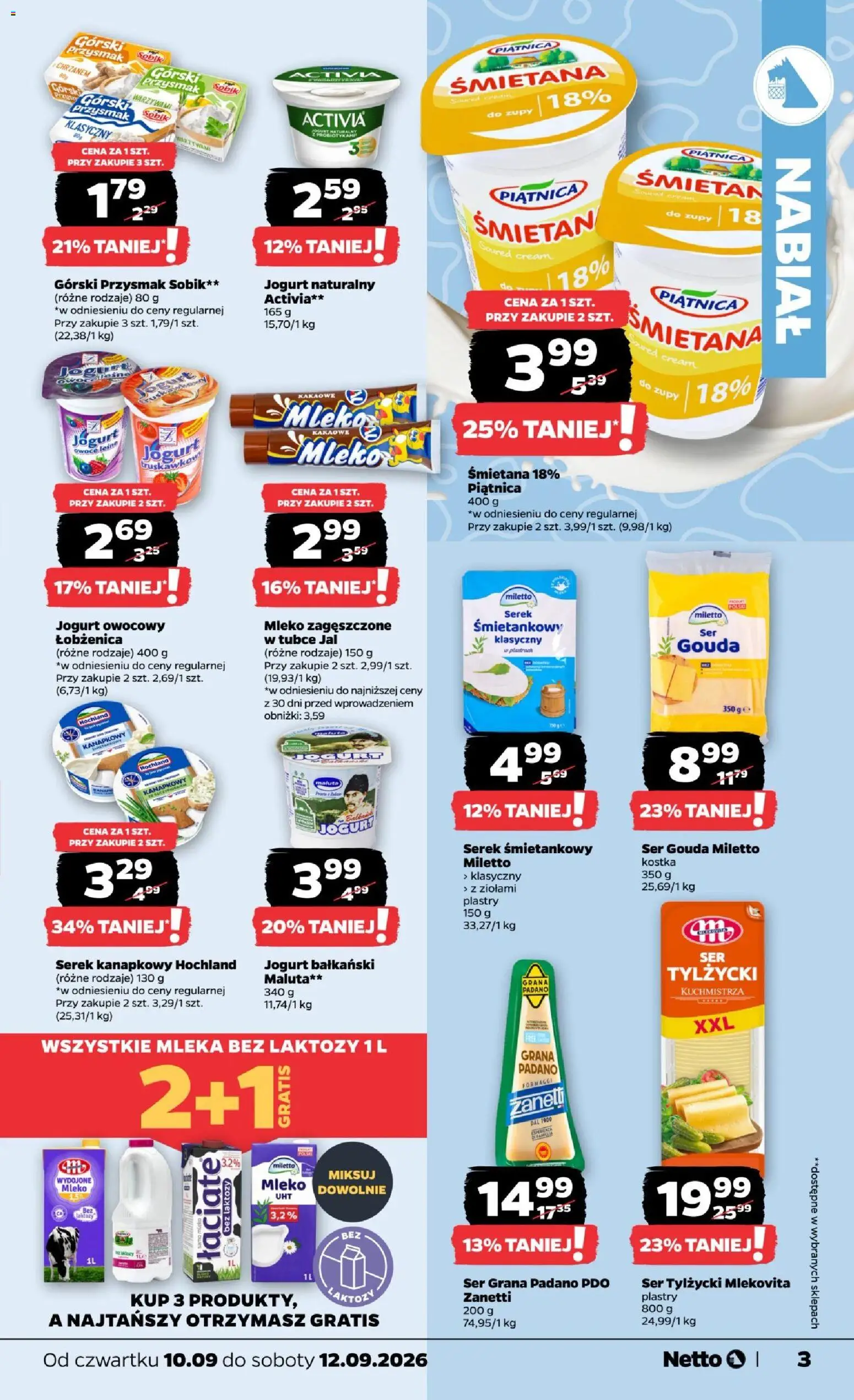 Netto gazetka od czwartku od 10.09.2026 | Strona: 3 | Produkty: Cream cheese, Mleko zagęszczone w tubce, Jogurt bałkański, Owoce