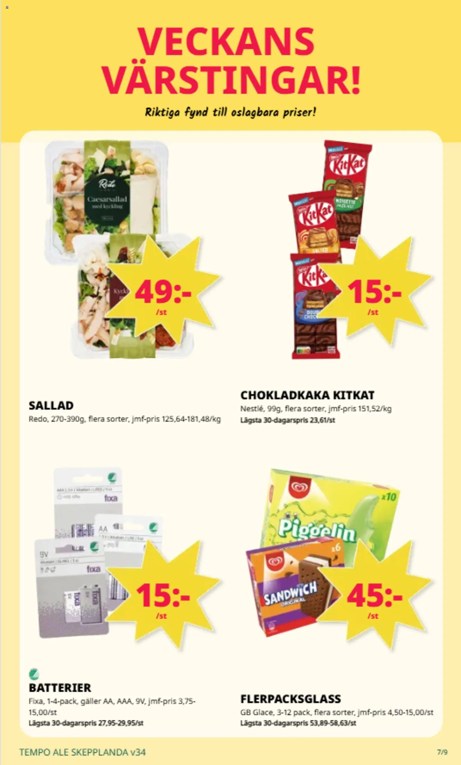Tempo reklamblad aktuell från 17/08/2026 | Sida: 7 | Produkter: Batterier, Sandwich, Galler, Sallad