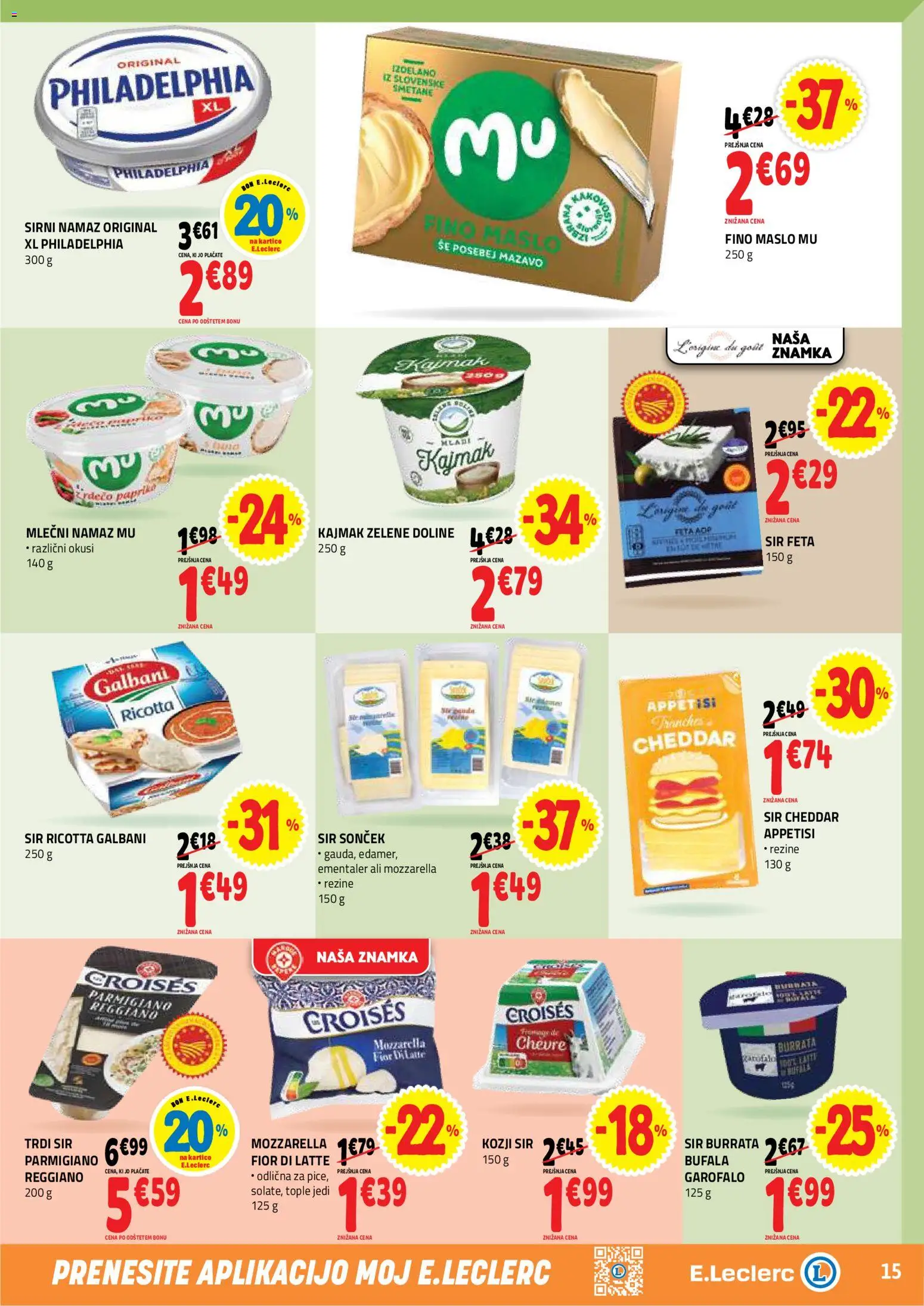 Novi E.leclerc katalog ponudbe – veljaven od 26.08.2026 | Stran: 15 | Izdelki: Kajmak, Mozzarella, Sir, Cheddar
