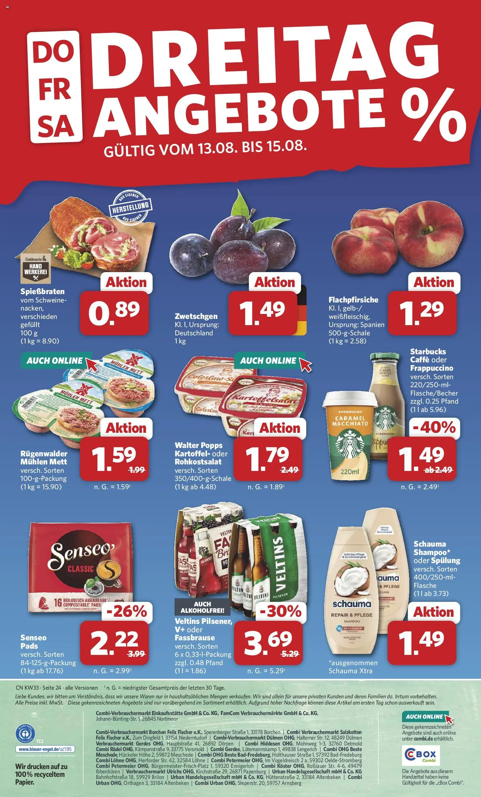 Combi Prospekt – gültig ab 10.08.2026 | Seite: 30 | Produkte: Senseo, Zwetschgen, Shampoo, Spülung