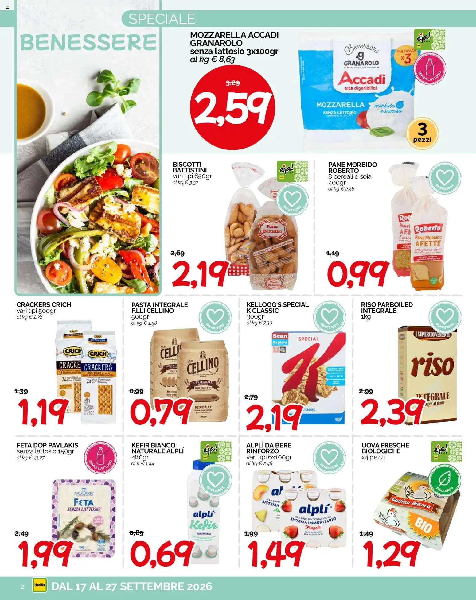 Volantino HarDis del 17/09/2026 | Pagina: 2 | Prodotti: Riso parboiled, Biscotti, Mozzarella, Senza lattosio