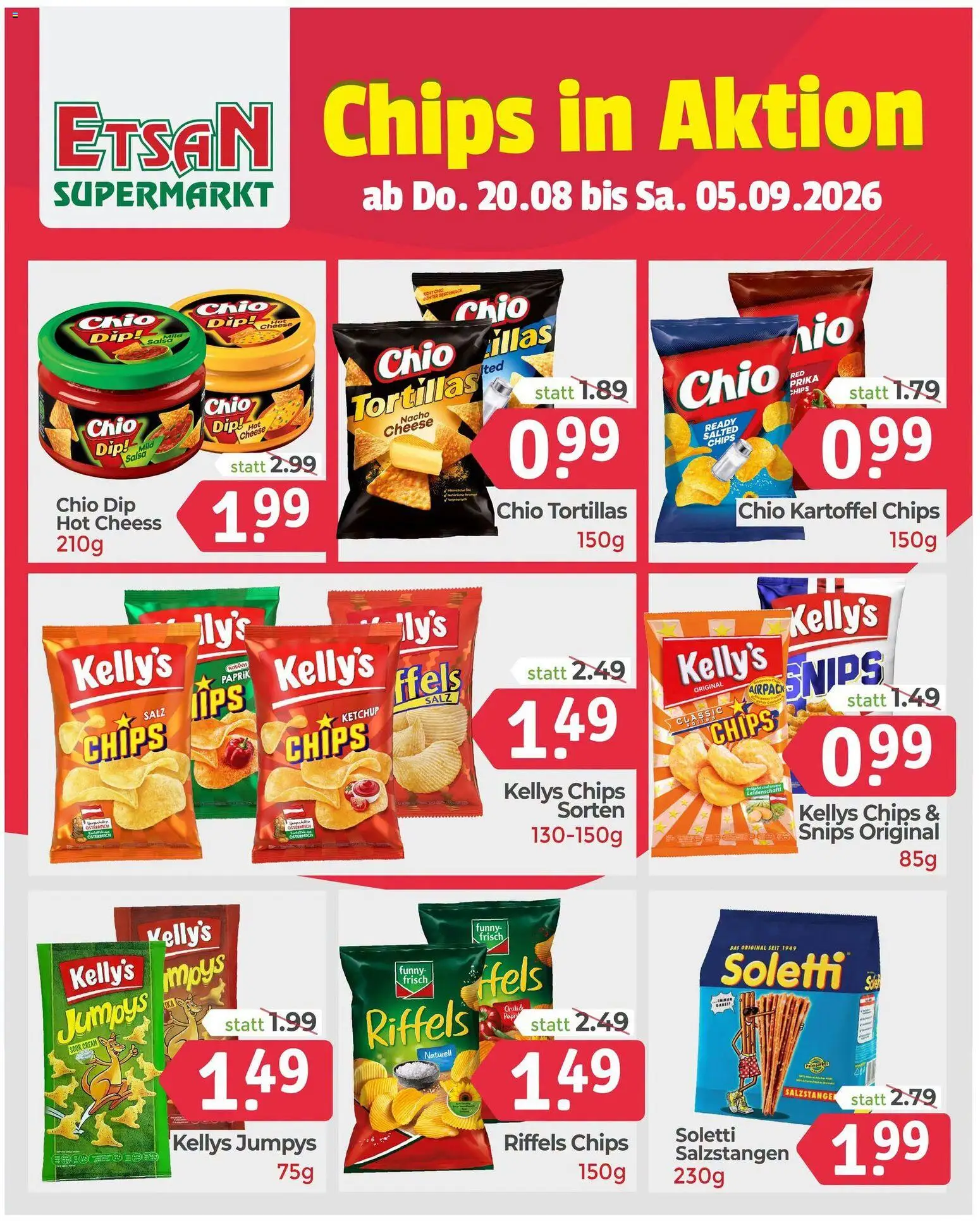 ETSAN Chips in Aktion gültig ab 20.08.2026 | Seite: 1 | Produkte: Chips, Ketchup, Hose, Salzstangen