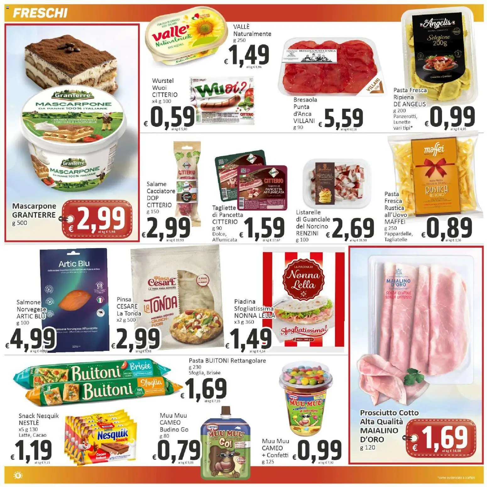 Volantino Paghi Poco del 21/08/2026 | Pagina: 6 | Prodotti: Salmone, Pasta, Wurstel, Guanciale