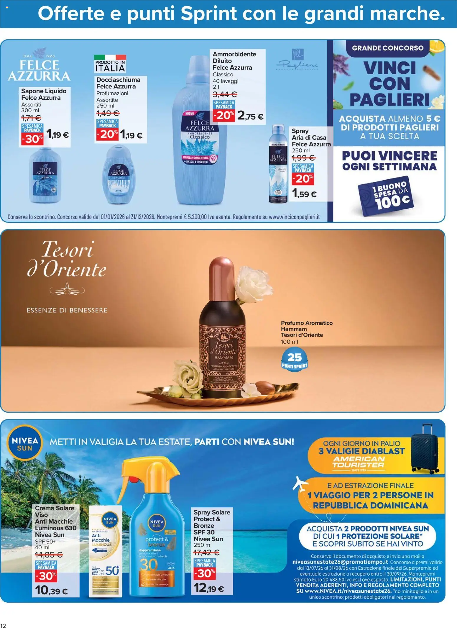 Volantino Carrefour del 24/07/2026 | Pagina: 12 | Prodotti: Crema solare, Sapone, Ammorbidente, Profumo