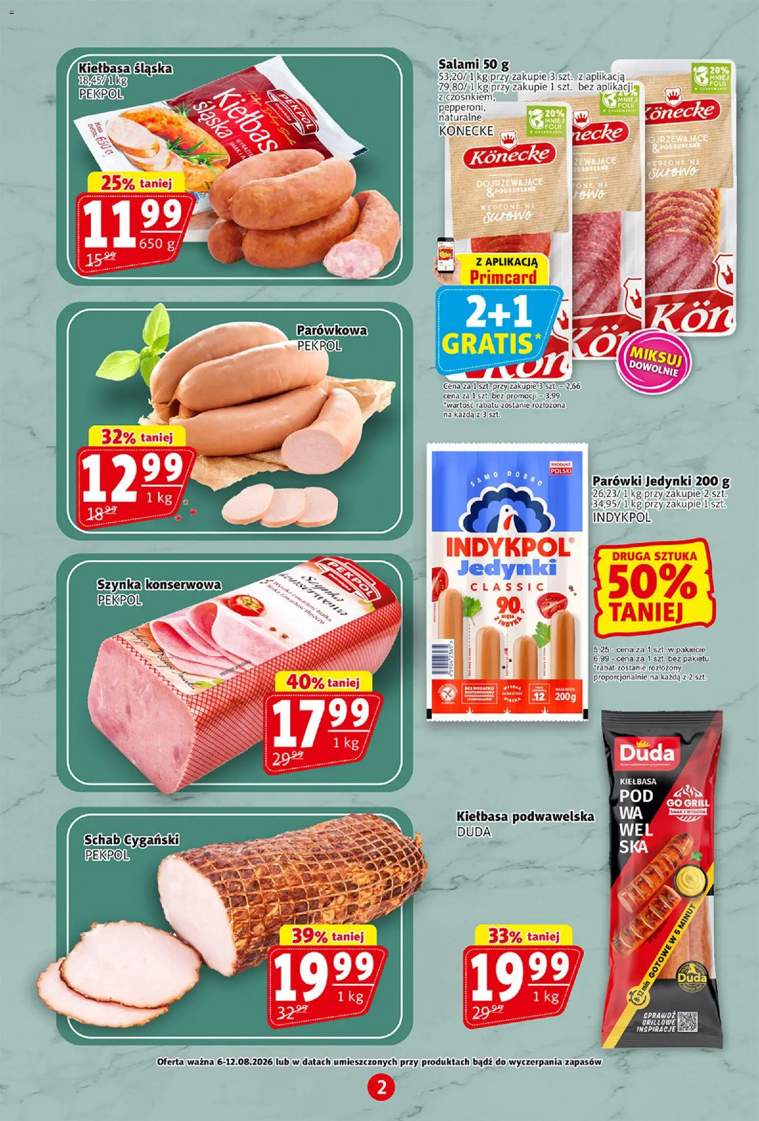 Prim Market gazetka od 06.08.2026 | Strona: 2 | Produkty: Kiełbasa, Parówki, Szynka, Kiełbasa podwawelska