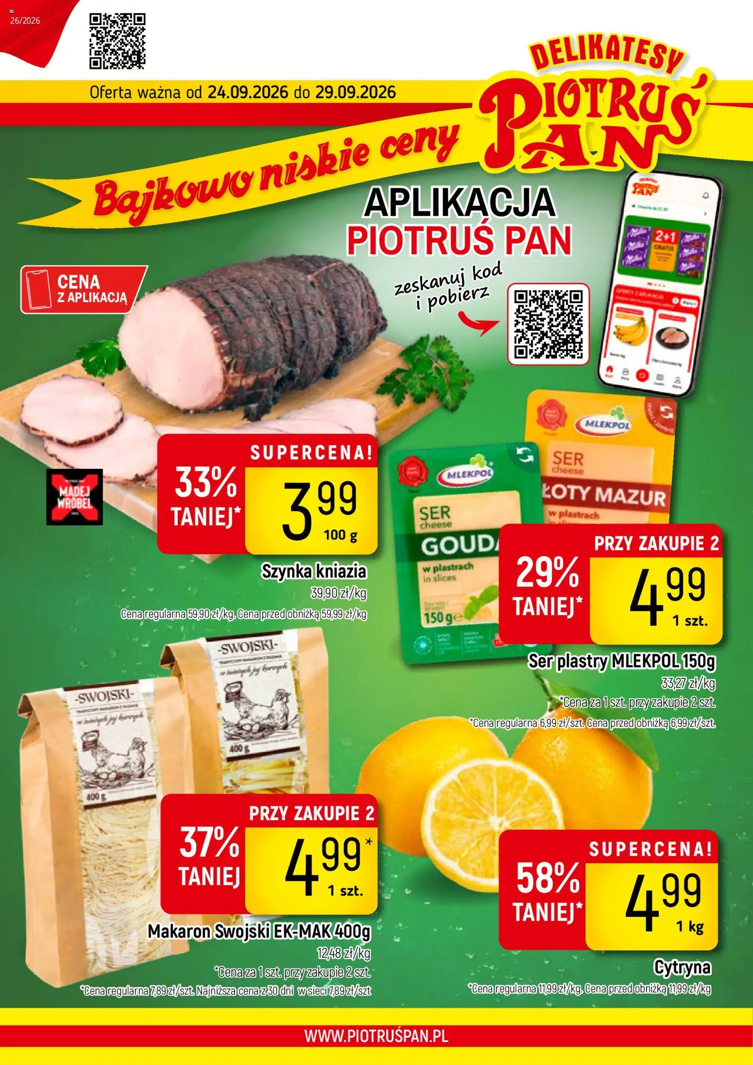 Piotruś Pan gazetka od 24.09.2026 | Strona: 1 | Produkty: Cytryna, Szynka, Ser, Makaron