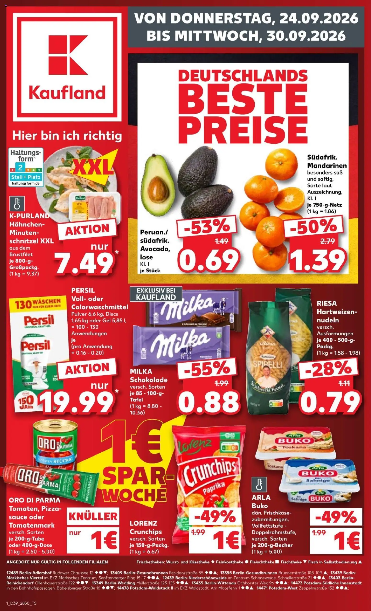 Kaufland Prospekt Potsdam – gültig ab 24.09.2026 | Seite: 1 | Produkte: Hahnchen, Mandarinen, Schnitzel, Pizza