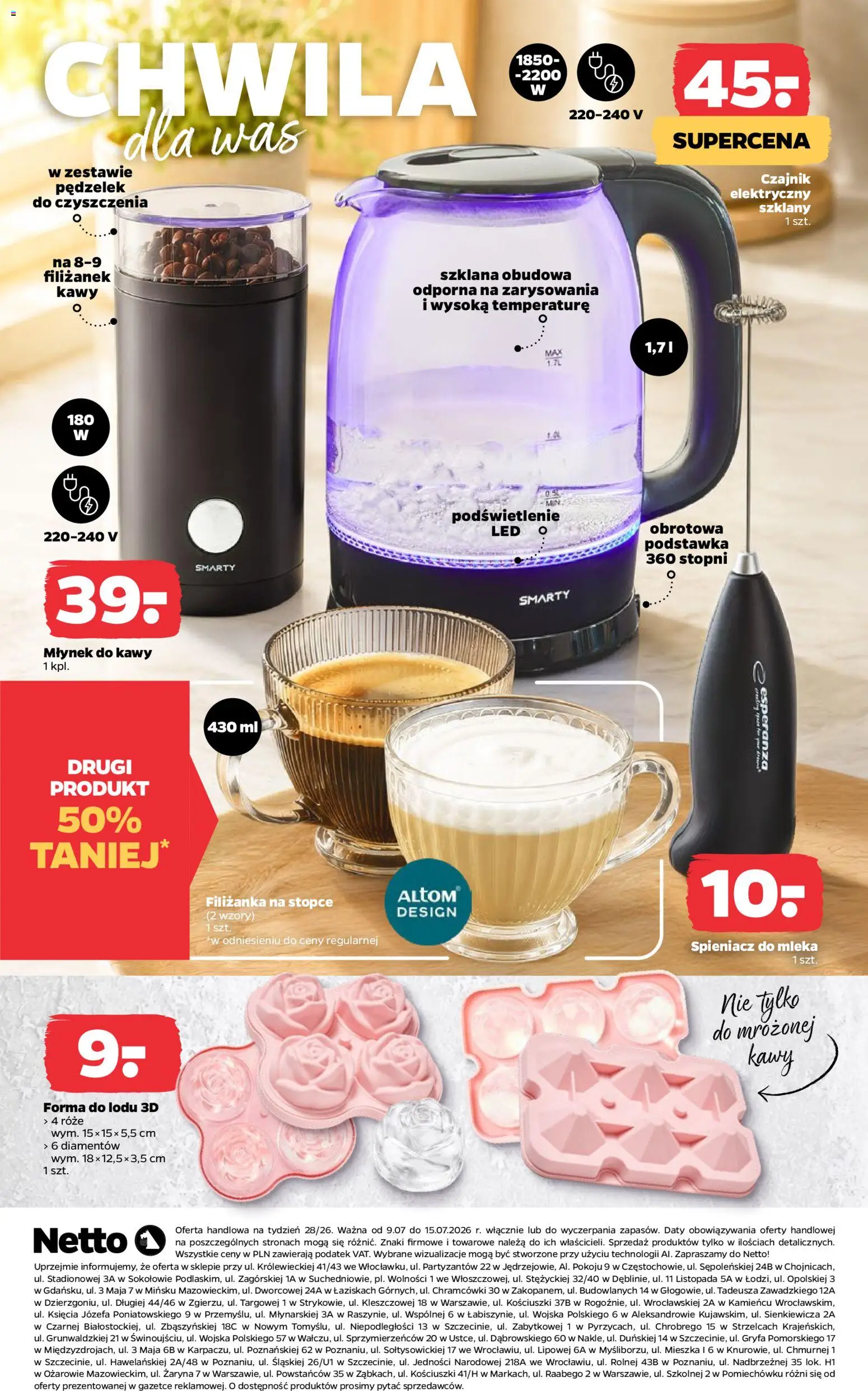 Netto gazetka od czwartku NonFood od 09.07.2026 | Strona: 8 | Produkty: Czajnik, Mleka, Młynek, Młynek do kawy