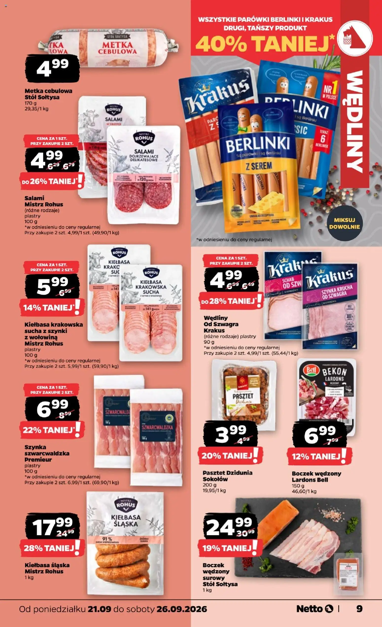 Netto gazetka od poniedziałku od 21.09.2026 | Strona: 9 | Produkty: Kiełbasa, Serem, Parówki berlinki, Boczek wędzony