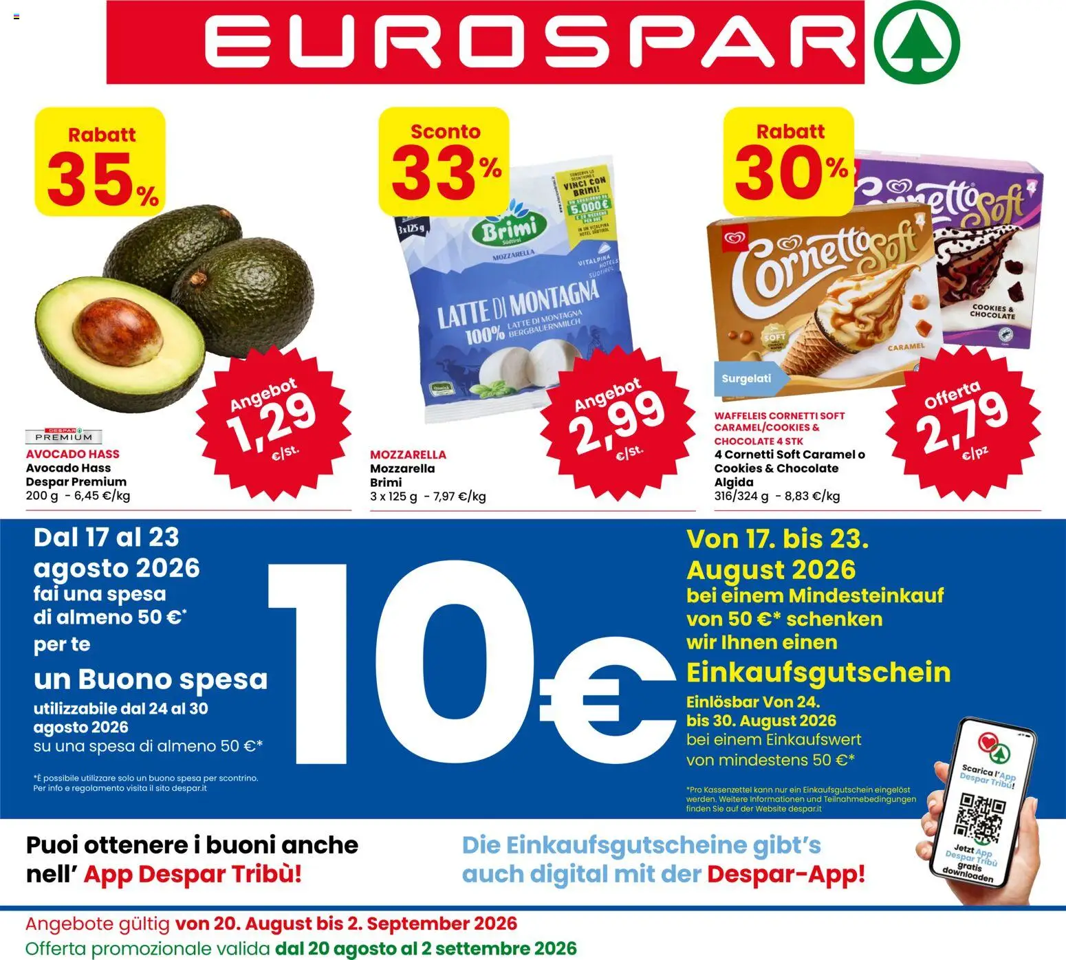 Volantino Eurospar del 17/08/2026 | Pagina: 1 | Prodotti: Tè, Avocado, Mozzarella, Latte