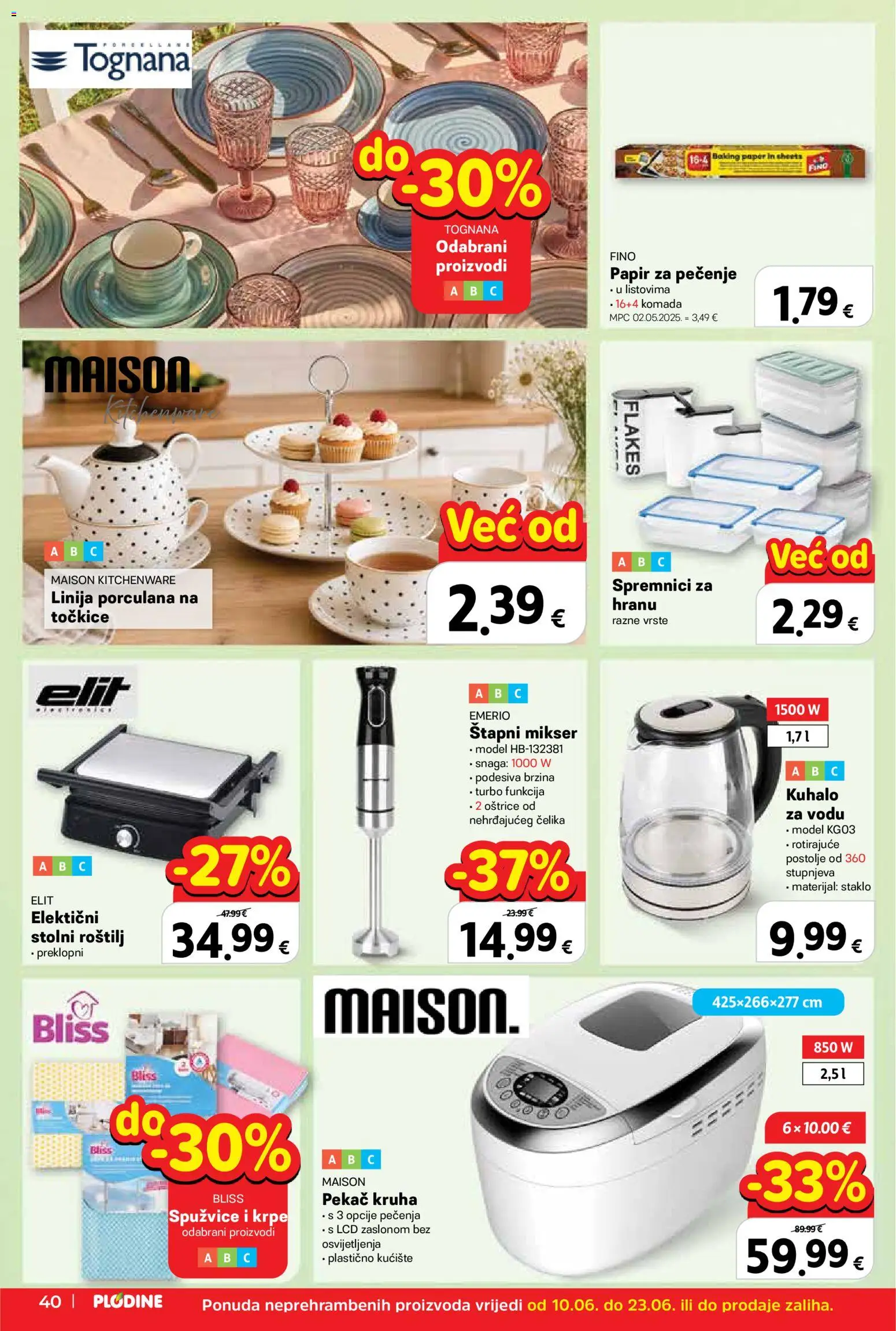 Plodine katalog | vrijedi od 10.06.2026 | Stranica: 40 | Proizvodi: Roštilj, Mikser, Štapni mikser, Tognana