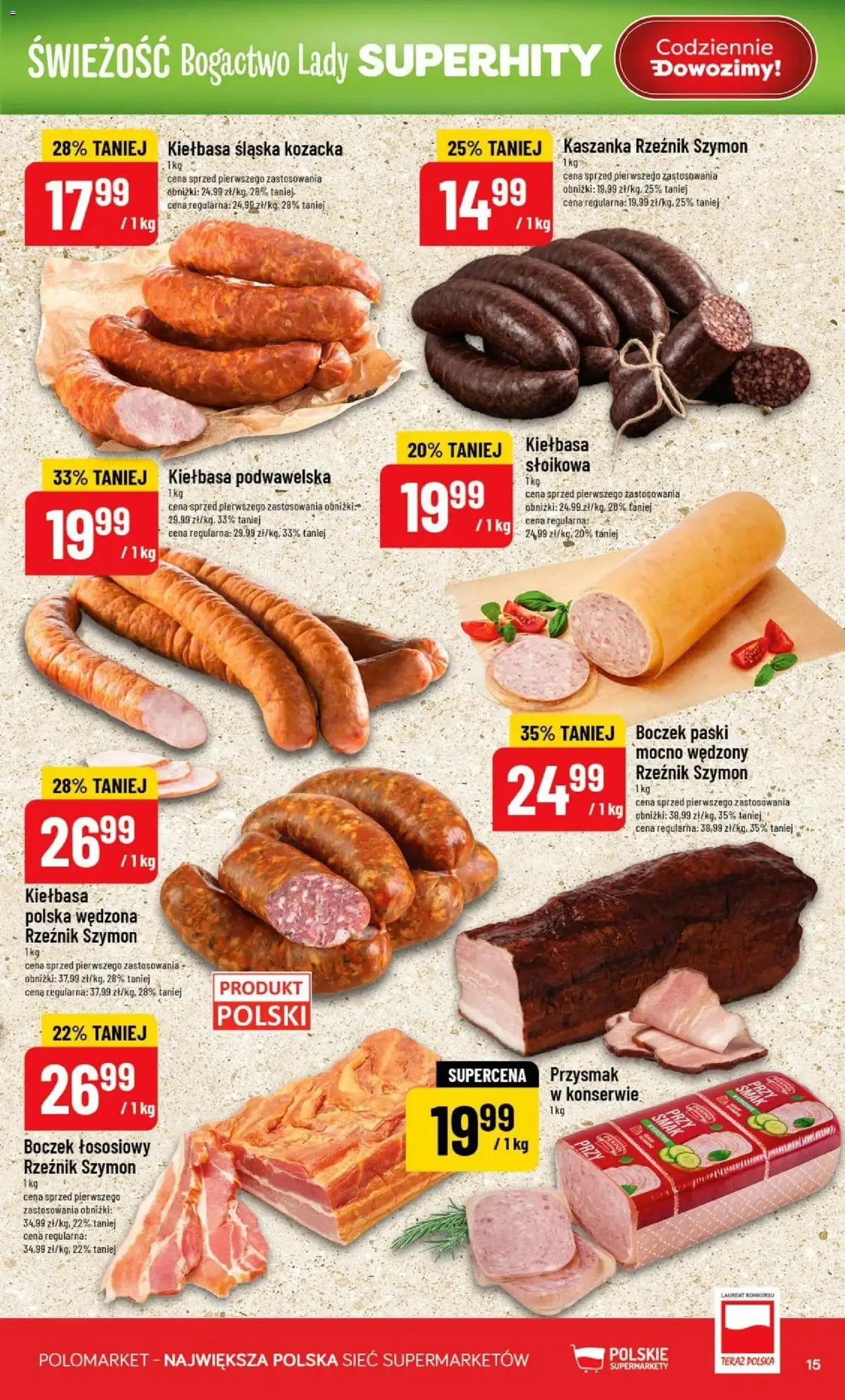 Nowa POLOmarket gazetka od jutra 19.08.2026 | Strona: 15 | Produkty: Kaszanka, Kiełbasa śląska, Boczek, Kiełbasa podwawelska