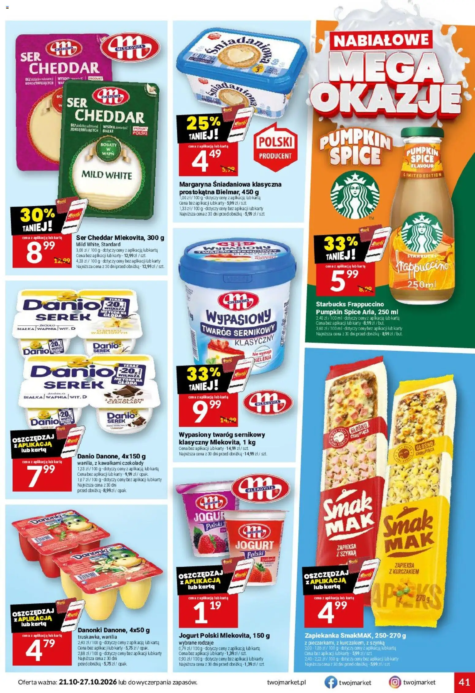Twój Market gazetka od 21.10.2026 | Strona: 41 | Produkty: Margaryna, Danonki, Cheddar, Ser cheddar