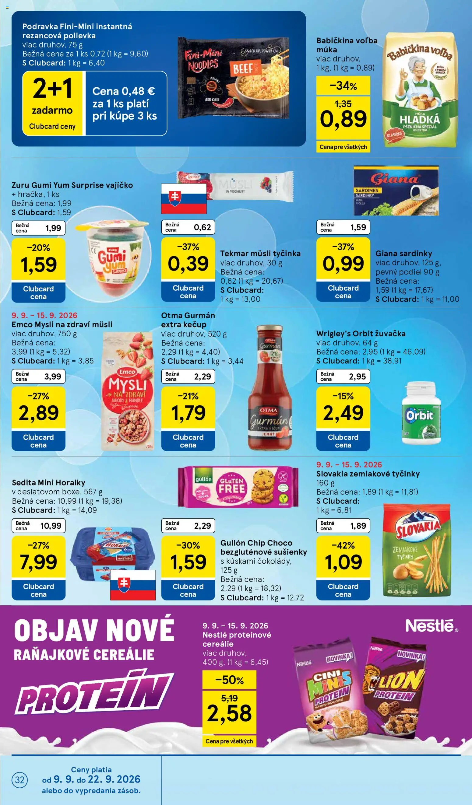 Nové Tesco akcie – leták je platný od 09.09.2026 | Strana: 32 | Produkty: Müsli, Müsli tyčinka, Sardinky, Sušienky