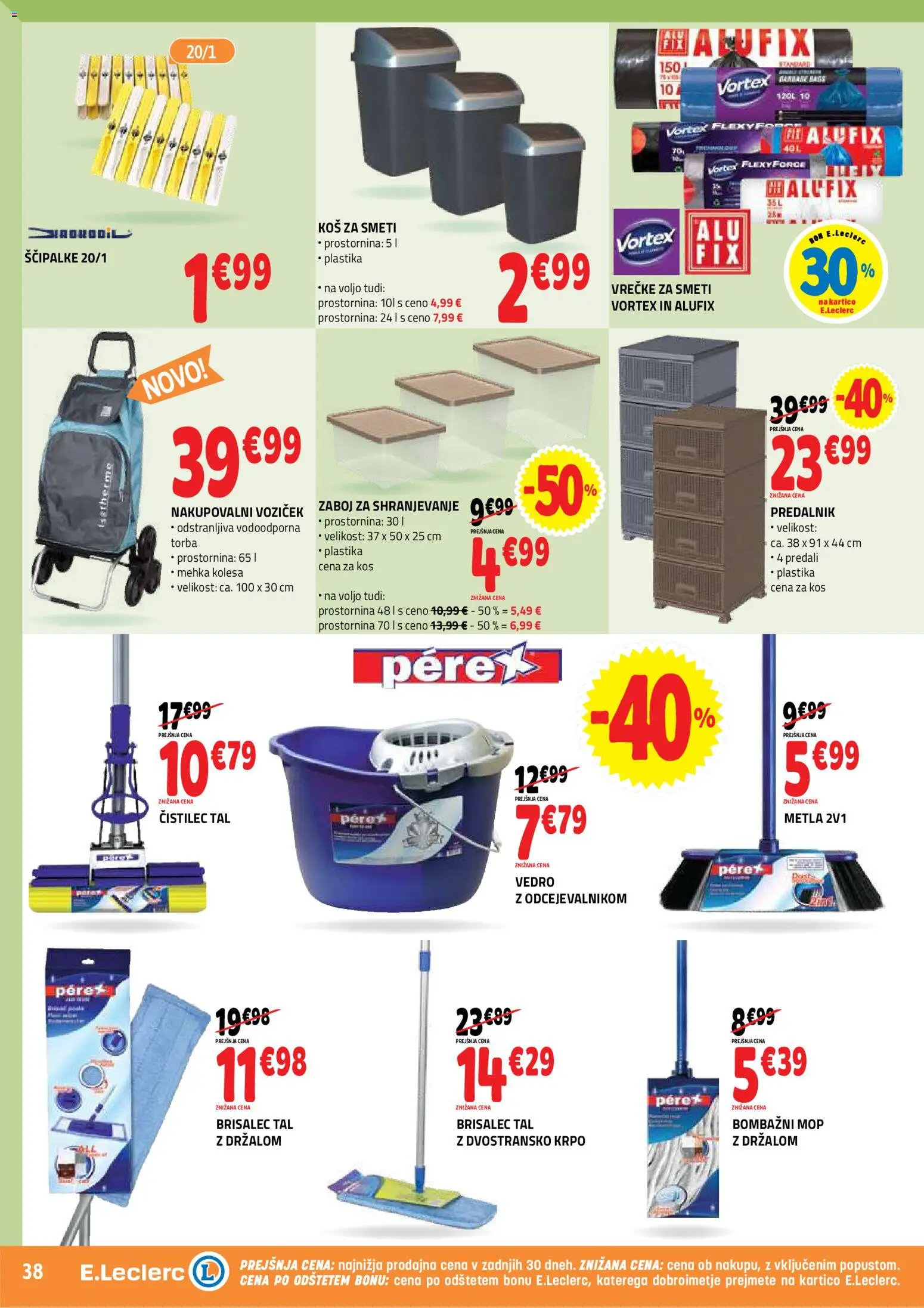 Novi E.leclerc katalog ponudbe – veljaven od 26.08.2026 | Stran: 38 | Izdelki: Torba, Koš za smeti, Vedro, Voziček