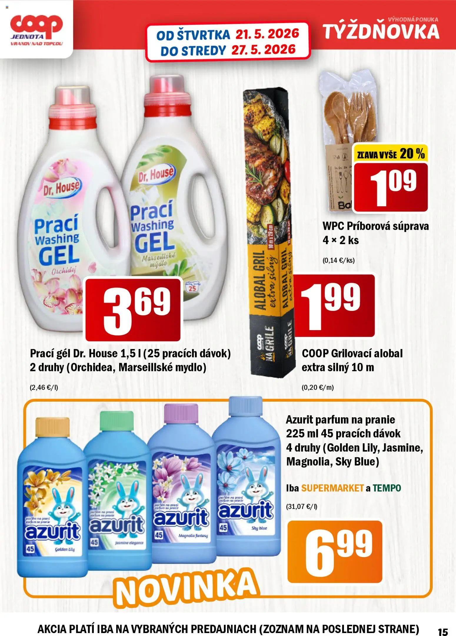 Nové COOP Jednota akcie – leták je platný od 21.05.2026 | Strana: 15 | Produkty: Gril, Mydlo