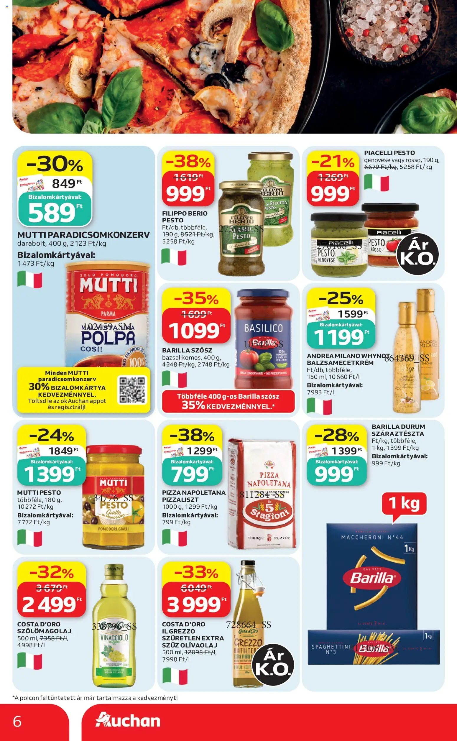 Auchan akciós ujság - amely érvényes a következő dátumtól: 2026.07.30. | Oldal: 6 | Termékek: Szőlőmagolaj, Pesto, Extra szűz olivaolaj, Száraztészta