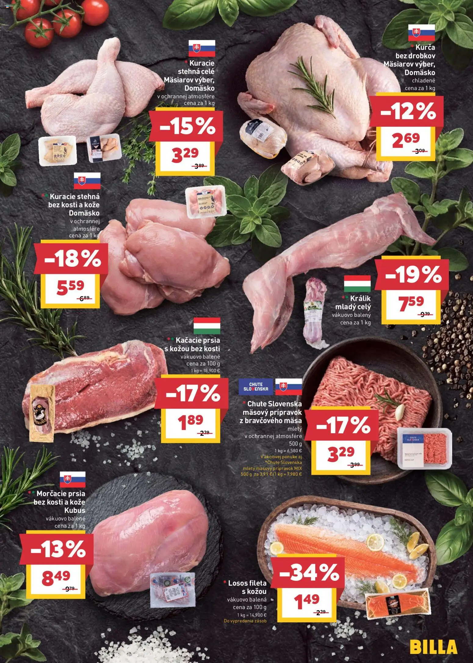 Nové Billa akcie – leták je platný od 06.05.2026 | Strana: 5 | Produkty: Kačacie prsia, Kuracie stehná, Losos, Kurča