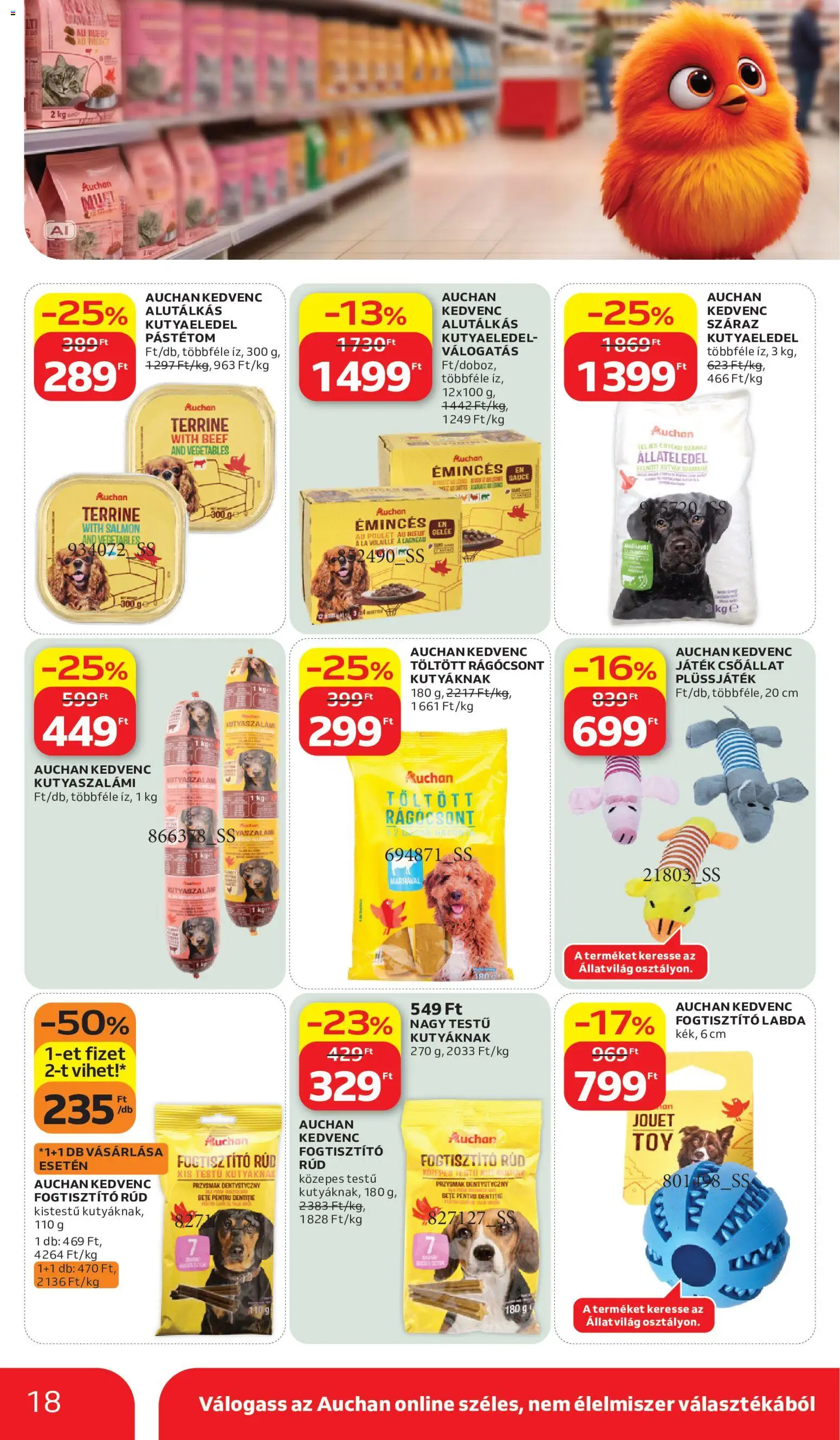 Auchan akciós ujság - amely érvényes a következő dátumtól: 2026.10.15. | Oldal: 18 | Termékek: Kutyaszalámi, Játék, Labda, Kutyaeledel